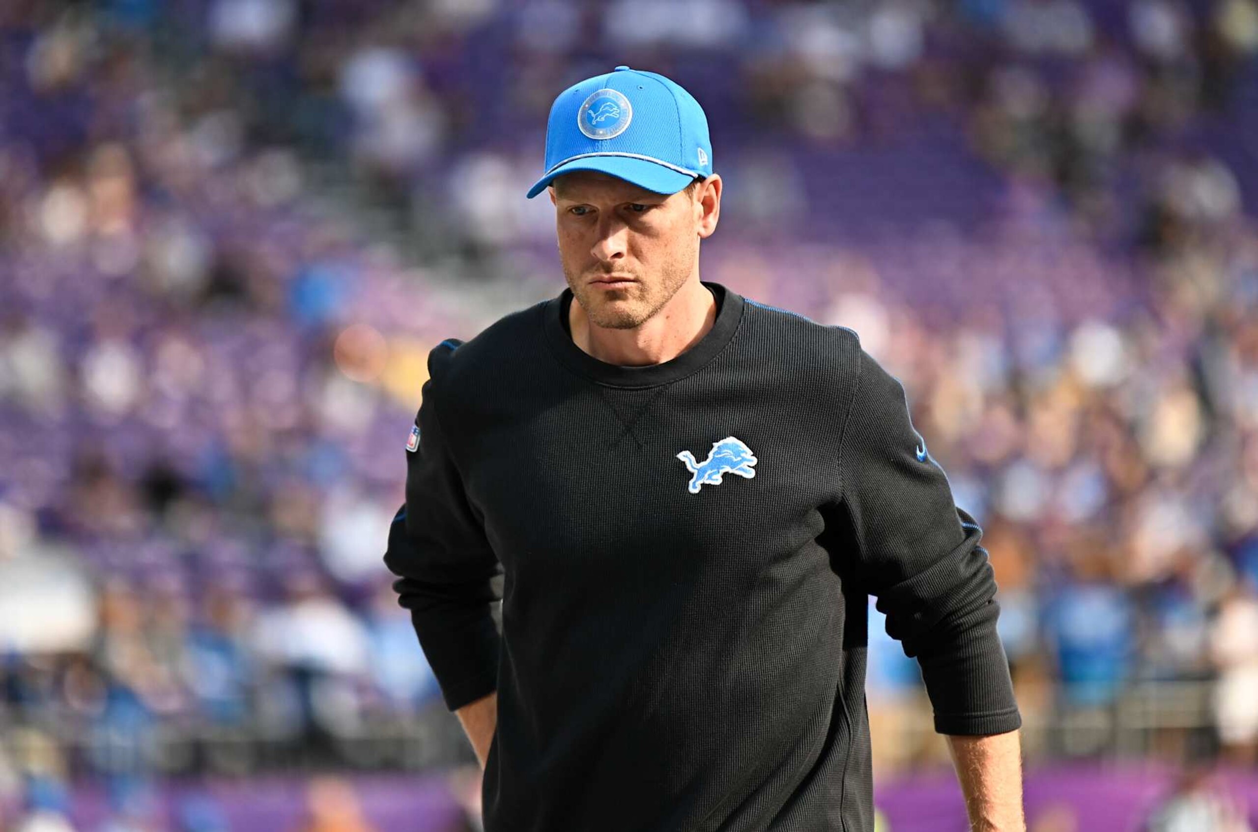 MINNEAPOLIS, MINNESOTA - OCTOBER 20: Ben Johnson offensive coordinator of the Detroit Lions looks on during warmups before a game against the Minnesota Vikings at U.S. Bank Stadium on October 20, 2024 in Minneapolis, Minnesota. (Photo by Stephen Maturen/Getty Images) MINNEAPOLIS, MINNESOTA - OCTOBER 20: Ben Johnson offensive coordinator of the Detroit Lions looks on during warmups before a game against the Minnesota Vikings at U.S. Bank Stadium on October 20, 2024 in Minneapolis, Minnesota. (Photo by Stephen Maturen/Getty Images)