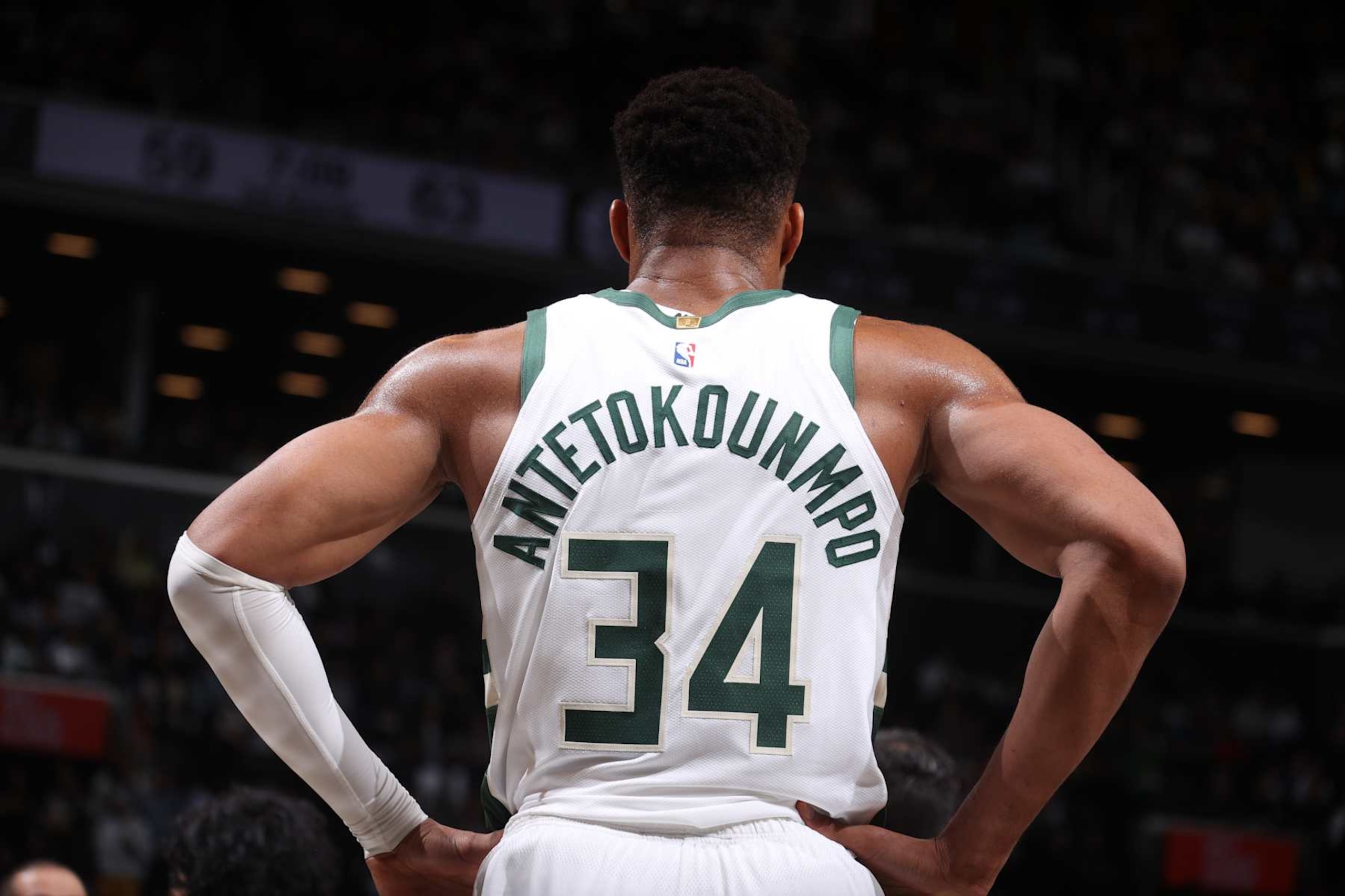 BROOKLYN, NY - OCTOBER 27: Giannis Antetokounmpo #34 of the Milwaukee Bucks looks on during the game against the Brooklyn Nets on October 27, 2024 at Barclays Center in Brooklyn, New York. NOTE TO USER: User expressly acknowledges and agrees that, by downloading and or using this Photograph, user is consenting to the terms and conditions of the Getty Images License Agreement. Mandatory Copyright Notice: Copyright 2024 NBAE (Photo by Nathaniel S. Butler/NBAE via Getty Images)