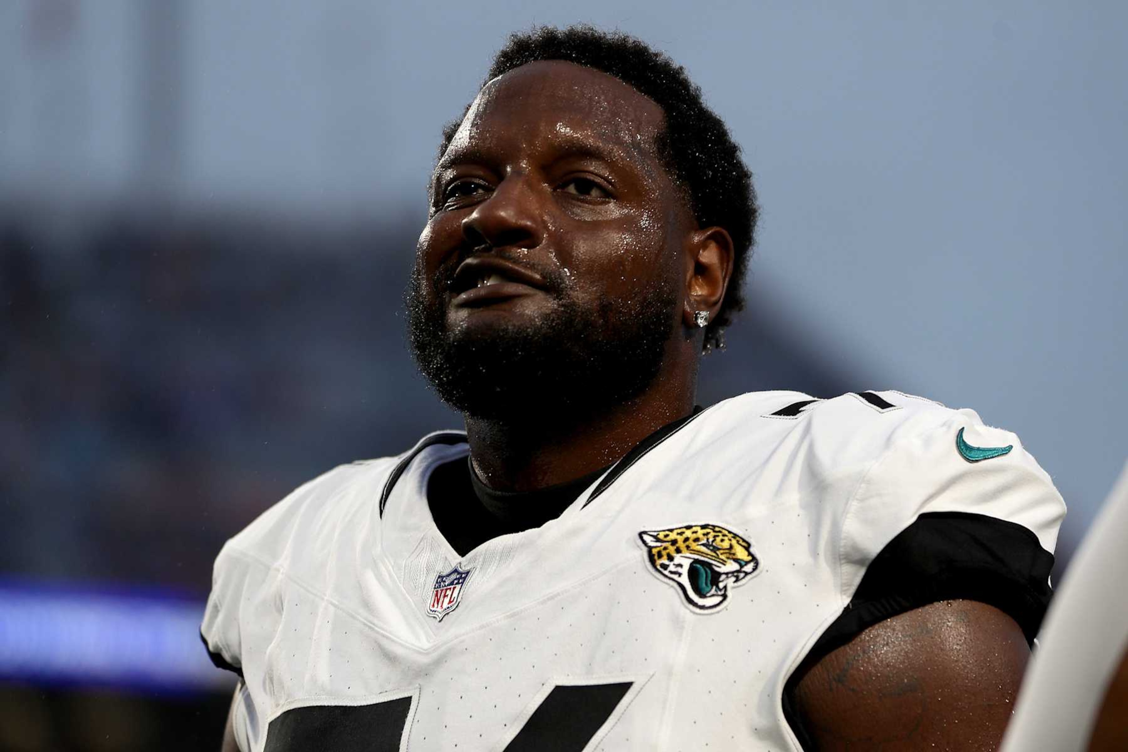 ORCHARD PARK, NEW YORK - SEPTEMBER 23: Cam Robinson #74 of the Jacksonville Jaguars looks on prior to a game against the Buffalo Bills at Highmark Stadium on September 23, 2024 in Orchard Park, New York. (Photo by Bryan Bennett/Getty Images)