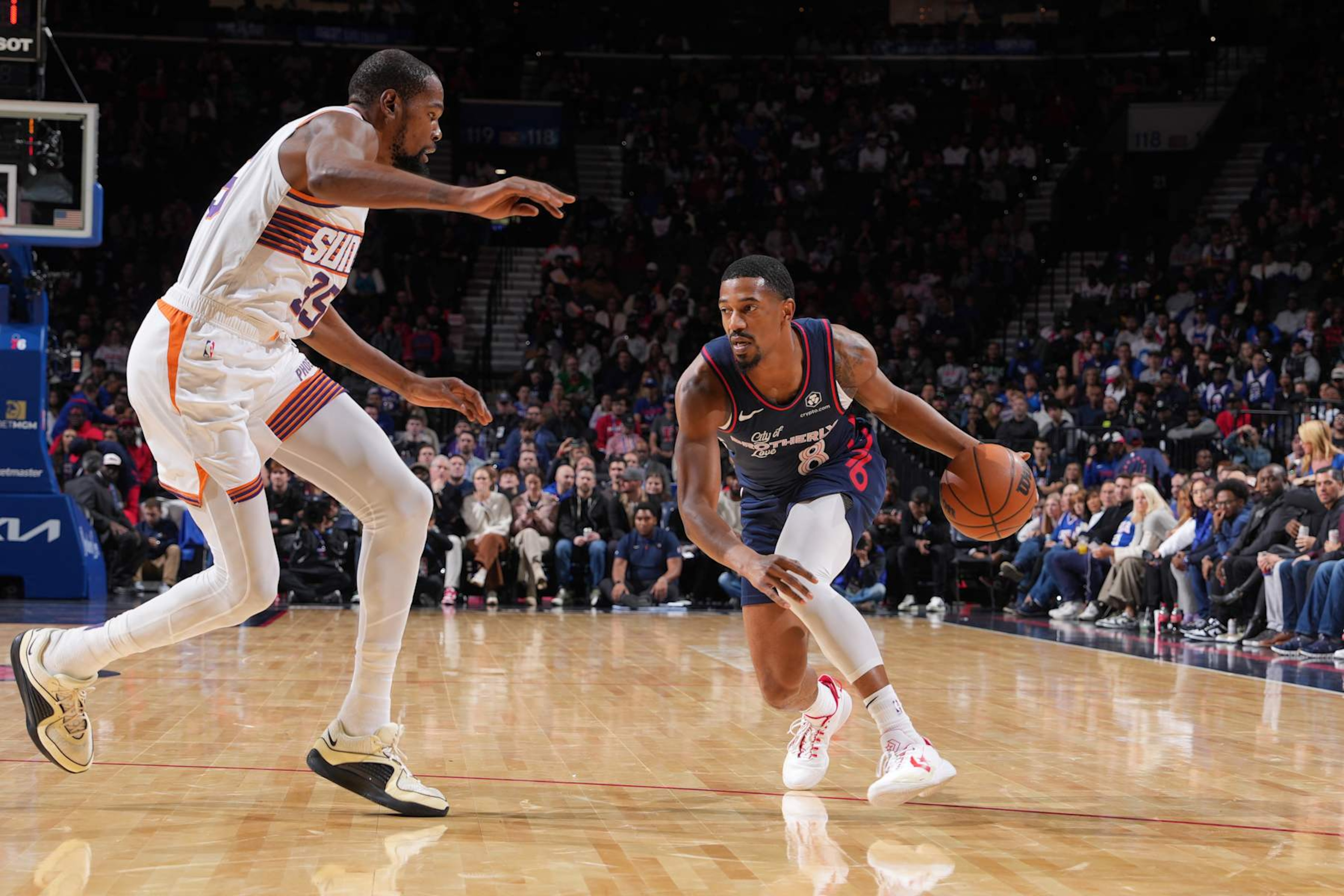 PHILADELPHIA, PA - NOVEMBER 4: De'Anthony Melton #8 of the Philadelphia 76ers dribbles the ball during the game against the Phoenix Suns on November 4, 2023 at the Wells Fargo Center in Philadelphia, Pennsylvania NOTE TO USER: User expressly acknowledges and agrees that, by downloading and/or using this Photograph, user is consenting to the terms and conditions of the Getty Images License Agreement. Mandatory Copyright Notice: Copyright 2023 NBAE (Photo by Jesse D. Garrabrant/NBAE via Getty Images) PHILADELPHIA, PA - NOVEMBER 4: De'Anthony Melton #8 of the Philadelphia 76ers dribbles the ball during the game against the Phoenix Suns on November 4, 2023 at the Wells Fargo Center in Philadelphia, Pennsylvania NOTE TO USER: User expressly acknowledges and agrees that, by downloading and/or using this Photograph, user is consenting to the terms and conditions of the Getty Images License Agreement. Mandatory Copyright Notice: Copyright 2023 NBAE (Photo by Jesse D. Garrabrant/NBAE via Getty Images)