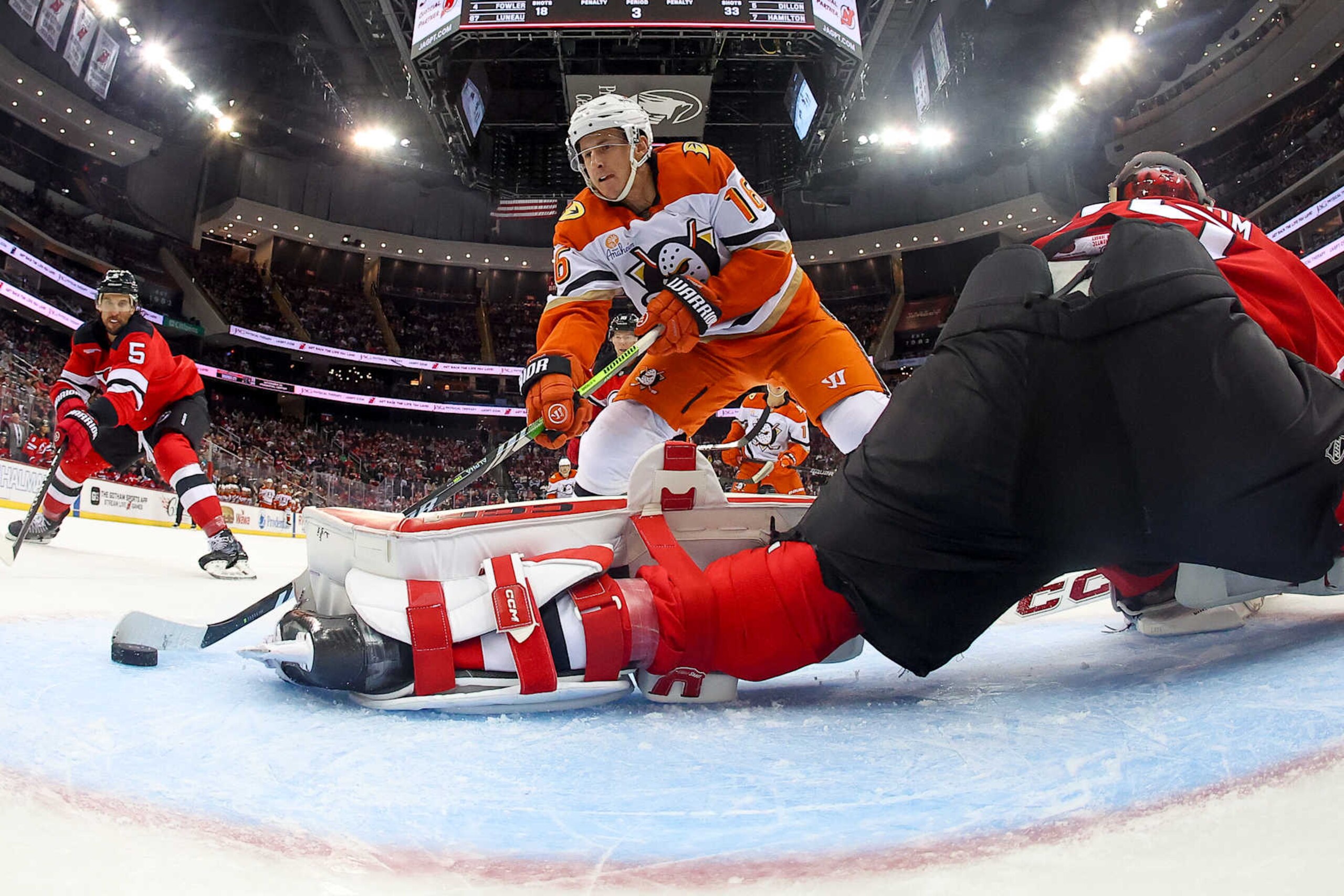 NEWARK, NJ - OCTOBER 27:  Ryan Strome #16 of the Anaheim Ducks scores past Jacob Markstrom #25 of the New Jersey Devils during the third period of the game at the Prudential Center on October 27, 2024 in Newark, New Jersey.  (Photo by Tori Graessle/NHLI via Getty Images)