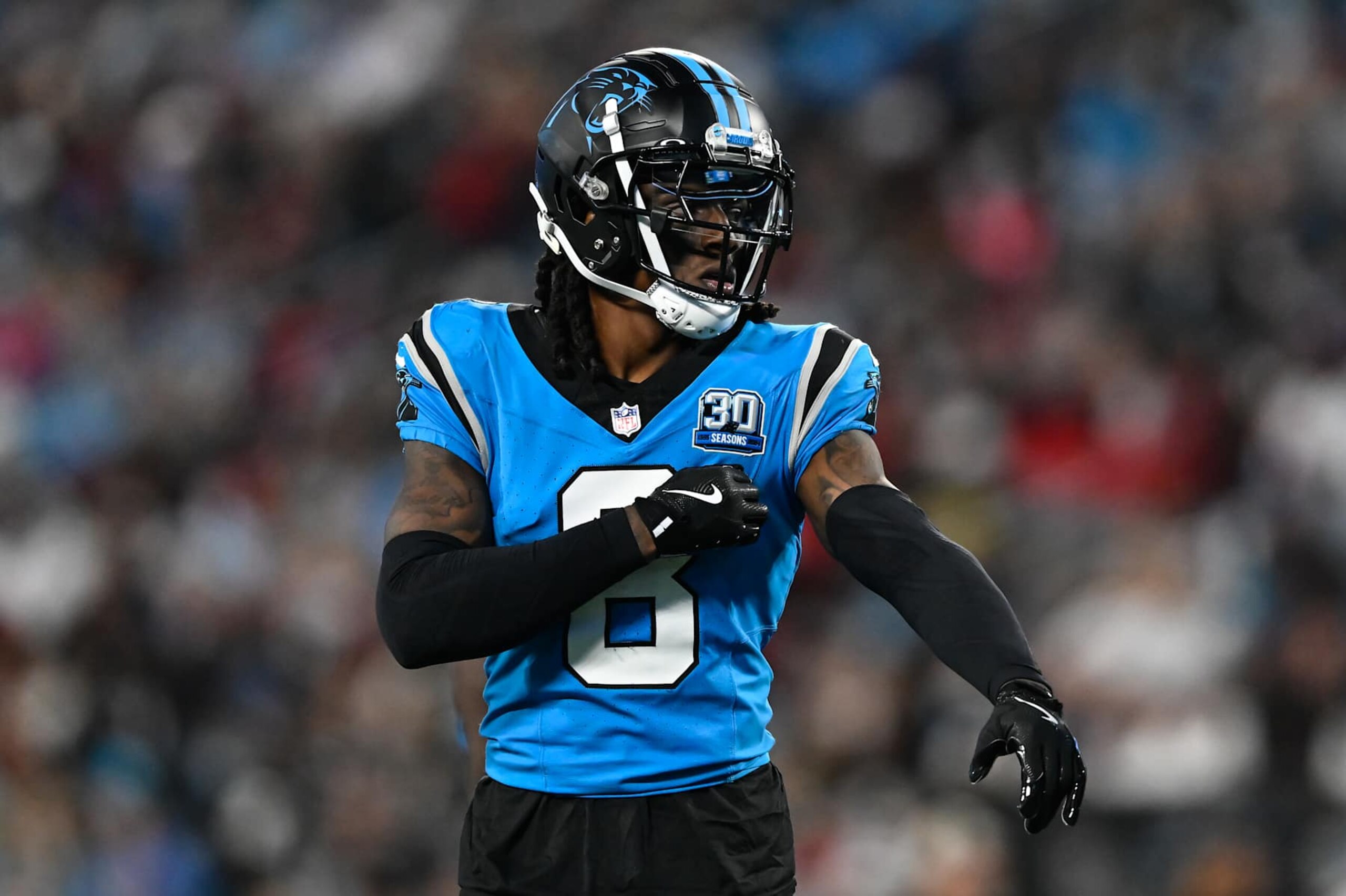 CHARLOTTE, NORTH CAROLINA - OCTOBER 13: Jaycee Horn #8 of the Carolina Panthers looks on during the fourth quarter of their game against the Atlanta Falcons at Bank of America Stadium on October 13, 2024 in Charlotte, North Carolina. (Photo by Matt Kelley/Getty Images)