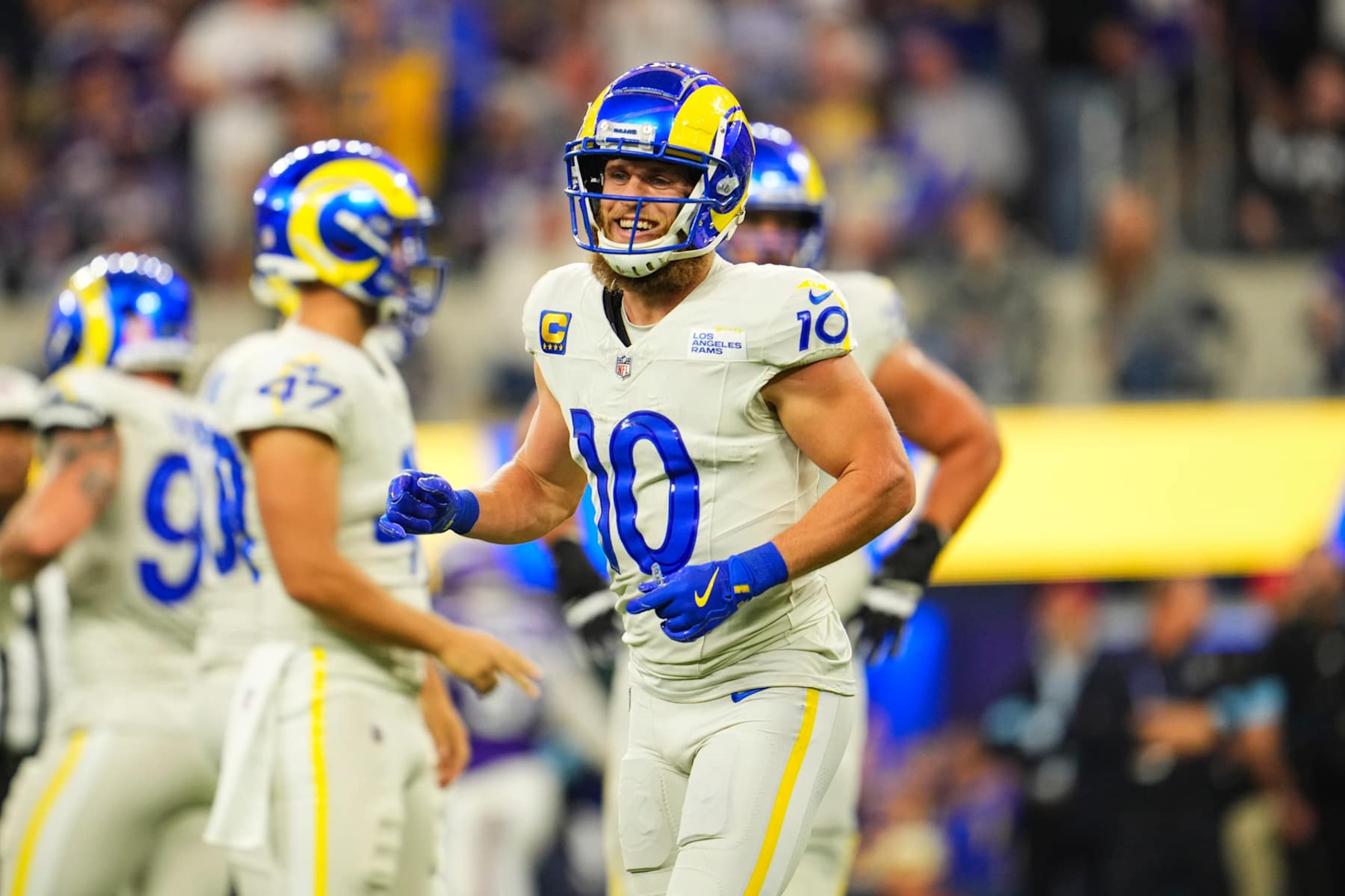 INGLEWOOD, CA - OCTOBER 24: Cooper Kupp #10 of the Los Angeles Rams celebrates during an NFL football game against the Minnesota Vikings at SoFi Stadium on October 24, 2024 in Inglewood, California. (Photo by Cooper Neill/Getty Images)