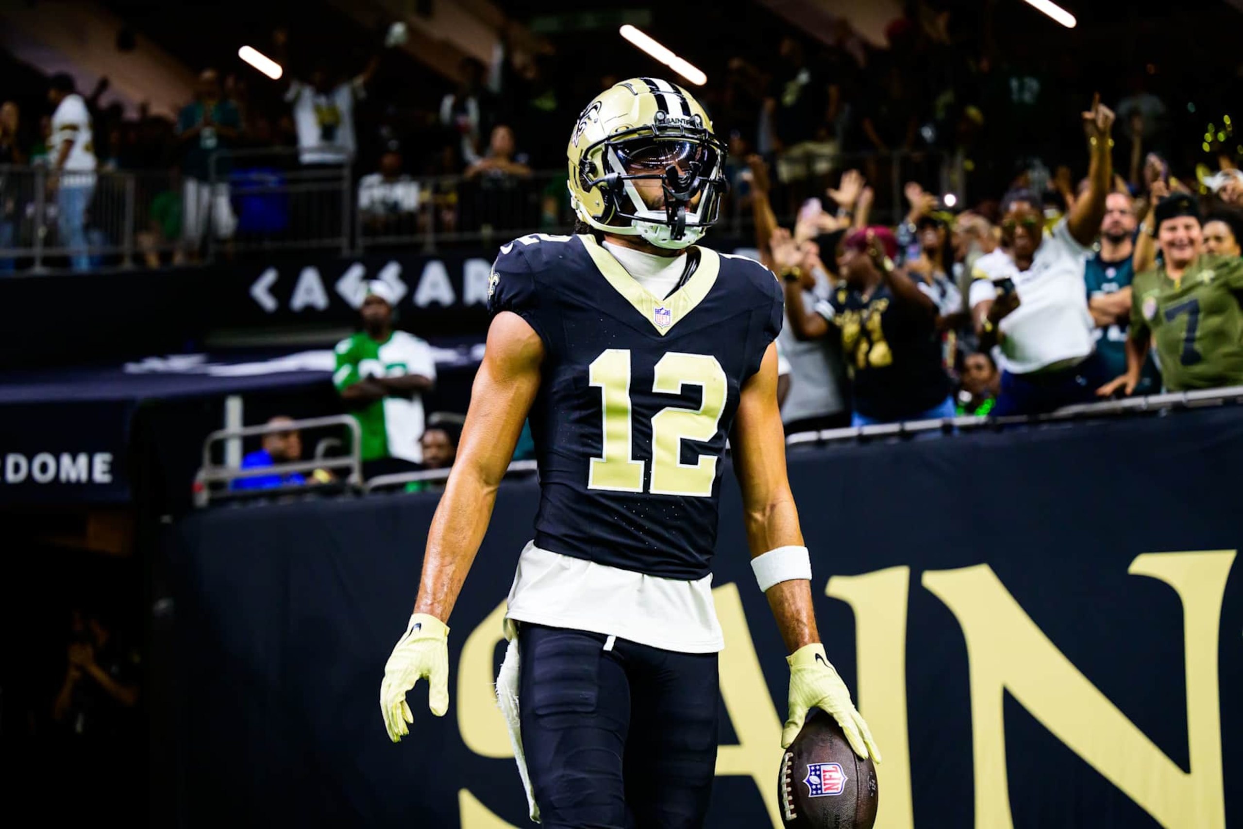 NEW ORLEANS, LOUISIANA - SEPTEMBER 22: Chris Olave #12 of the New Orleans Saints celebrates a touchdown reception against the Philadelphia Eagles during the fourth quarter at Caesars Superdome on September 22, 2024 in New Orleans, Louisiana. (Photo by Gus Stark/Getty Images) NEW ORLEANS, LOUISIANA - SEPTEMBER 22: Chris Olave #12 of the New Orleans Saints celebrates a touchdown reception against the Philadelphia Eagles during the fourth quarter at Caesars Superdome on September 22, 2024 in New Orleans, Louisiana. (Photo by Gus Stark/Getty Images)