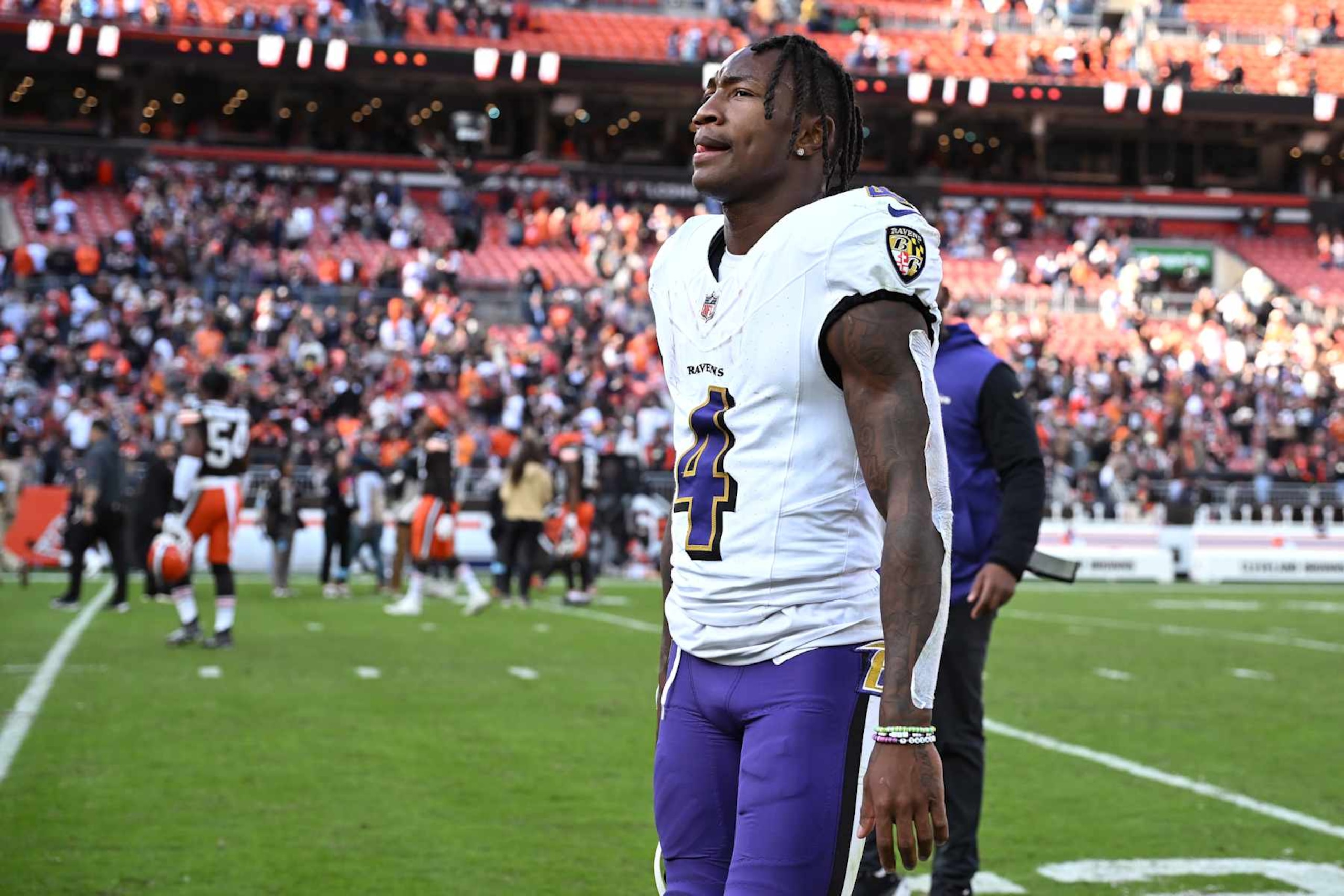 CLEVELAND, OHIO - OCTOBER 27: Zay Flowers #4 of the Baltimore Ravens reacts after his team's 29-24 loss against the Cleveland Browns at Huntington Bank Field on October 27, 2024 in Cleveland, Ohio. (Photo by Nick Cammett/Getty Images) CLEVELAND, OHIO - OCTOBER 27: Zay Flowers #4 of the Baltimore Ravens reacts after his team's 29-24 loss against the Cleveland Browns at Huntington Bank Field on October 27, 2024 in Cleveland, Ohio. (Photo by Nick Cammett/Getty Images)