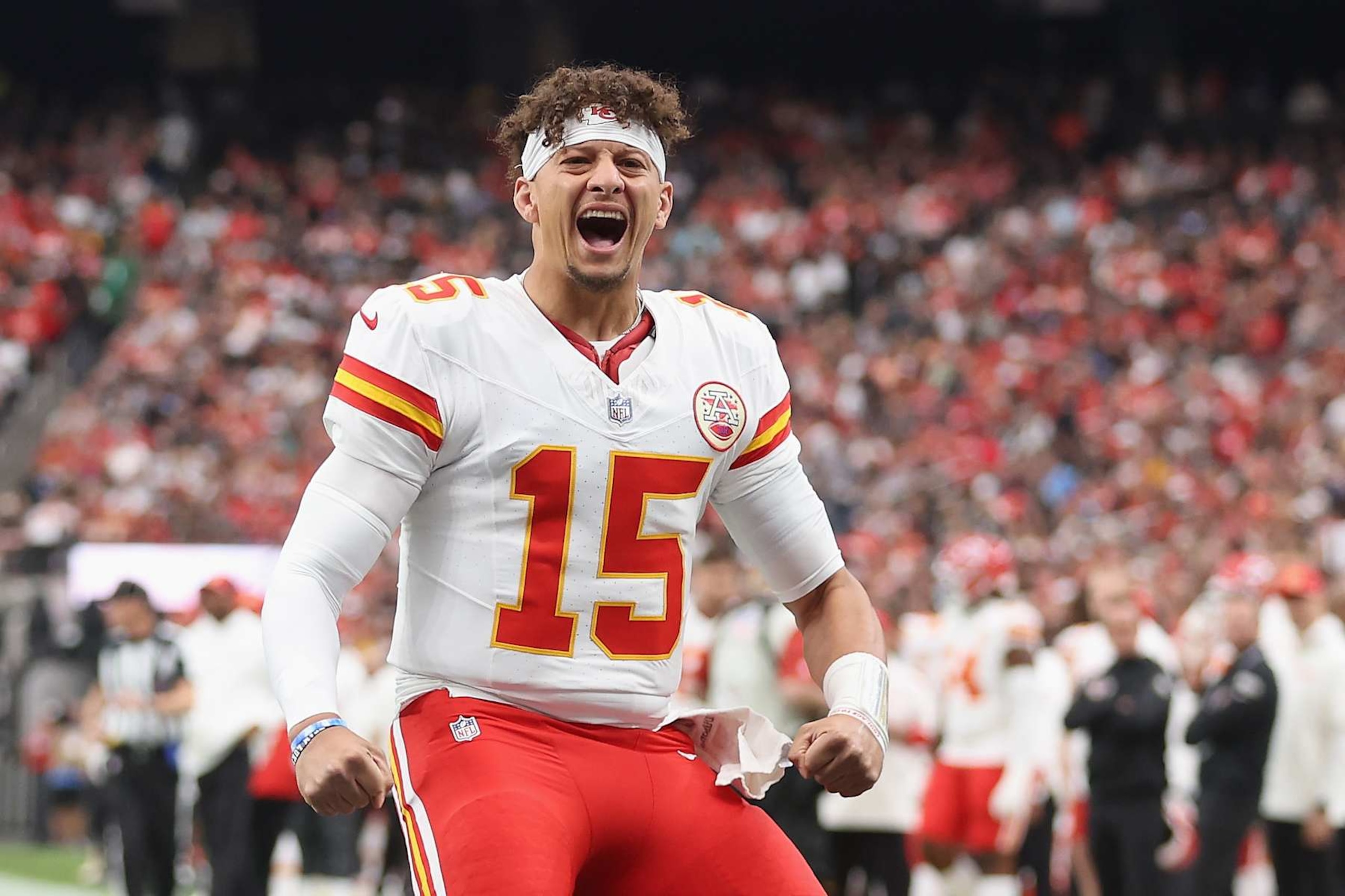 LAS VEGAS, NEVADA - OCTOBER 27: Patrick Mahomes #15 of the Kansas City Chiefs reacts on the field during the NFL game against the Las Vegas Raiders at Allegiant Stadium on October 27, 2024 in Las Vegas, Nevada. The Chiefs defeated the Raiders 27-20. (Photo by Christian Petersen/Getty Images) LAS VEGAS, NEVADA - OCTOBER 27: Patrick Mahomes #15 of the Kansas City Chiefs reacts on the field during the NFL game against the Las Vegas Raiders at Allegiant Stadium on October 27, 2024 in Las Vegas, Nevada. The Chiefs defeated the Raiders 27-20. (Photo by Christian Petersen/Getty Images)