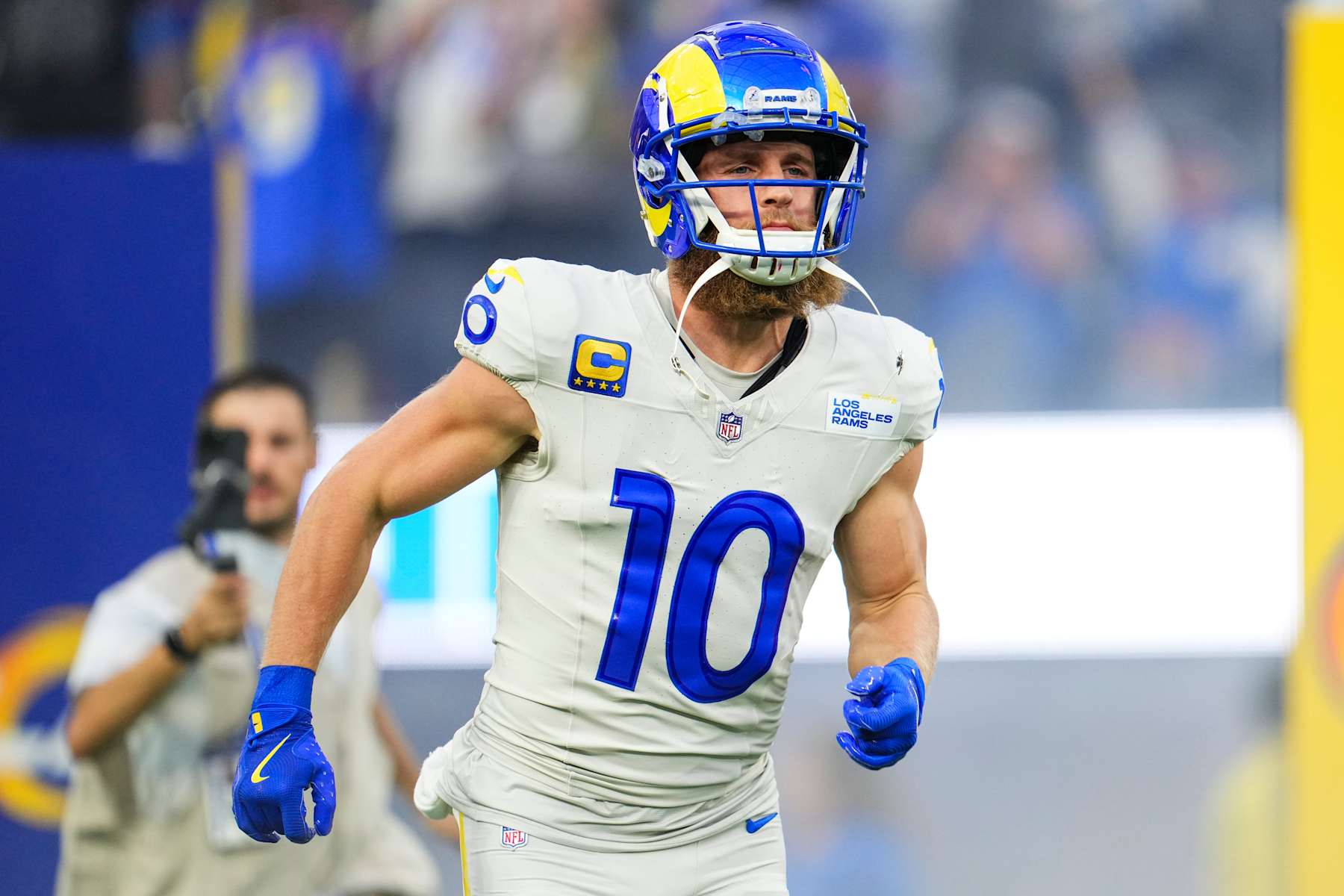 INGLEWOOD, CA - OCTOBER 24: Cooper Kupp #10 of the Los Angeles Rams runs out of the tunnel prior to an NFL football game against the Minnesota Vikings at SoFi Stadium on October 24, 2024 in Inglewood, California. (Photo by Cooper Neill/Getty Images)