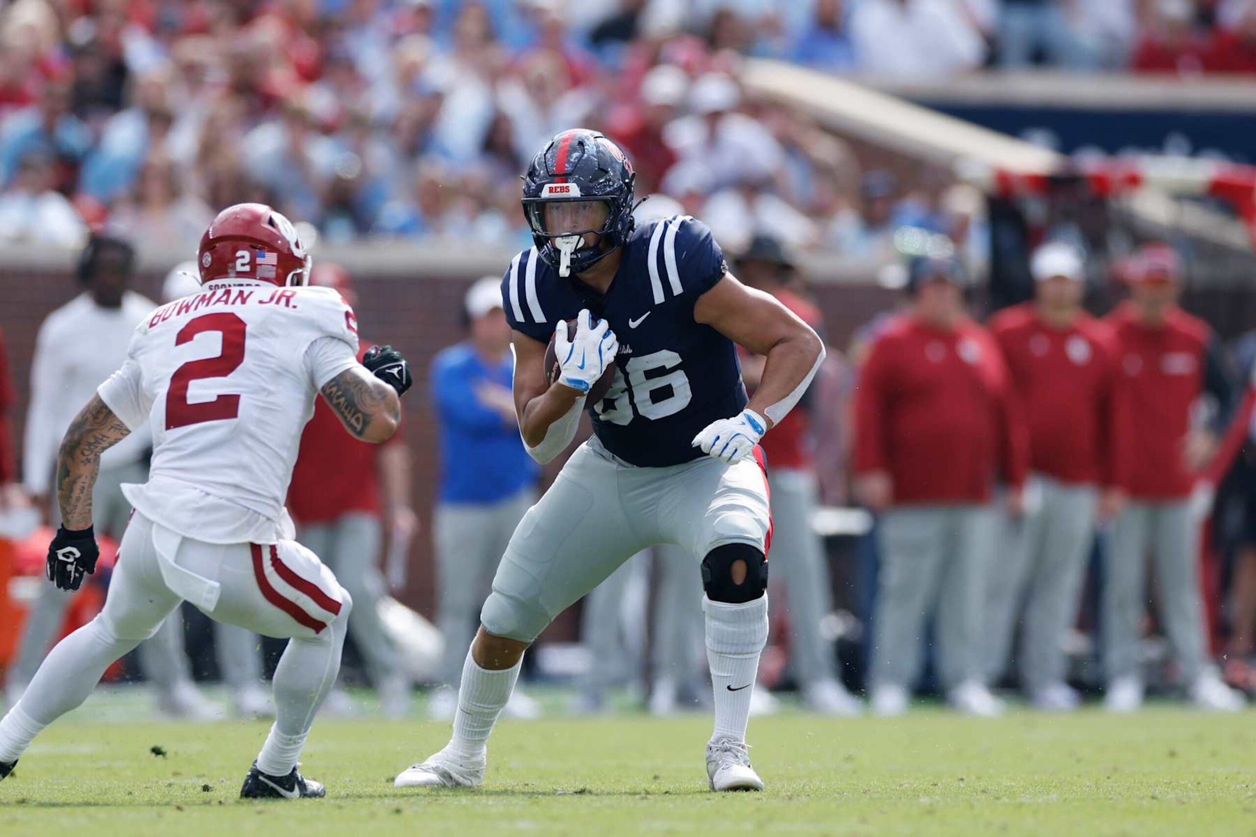 OXFORD, MS - OCTOBER 26: Mississippi Rebels tight end Caden Prieskorn (86) runs with the ball after a reception during a college football game against the Oklahoma Sooners on October 26, 2024 at Vaught-Hemingway Stadium in Oxford, Mississippi. (Photo by Joe Robbins/Icon Sportswire via Getty Images)