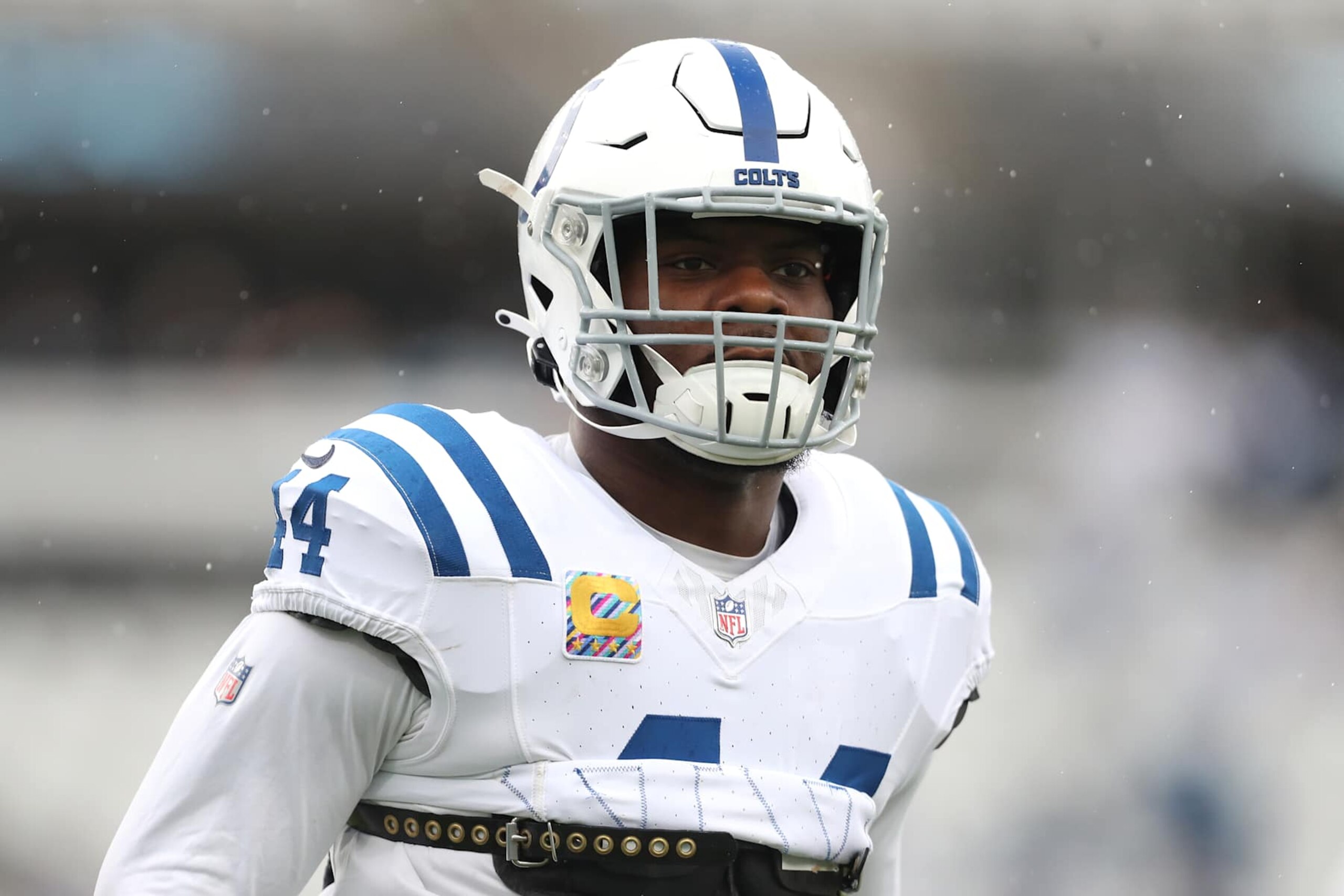 JACKSONVILLE, FLORIDA - OCTOBER 06: Zaire Franklin #44 of the Indianapolis Colts looks on before a game against the Jacksonville Jaguars at EverBank Stadium on October 06, 2024 in Jacksonville, Florida. (Photo by Courtney Culbreath/Getty Images)