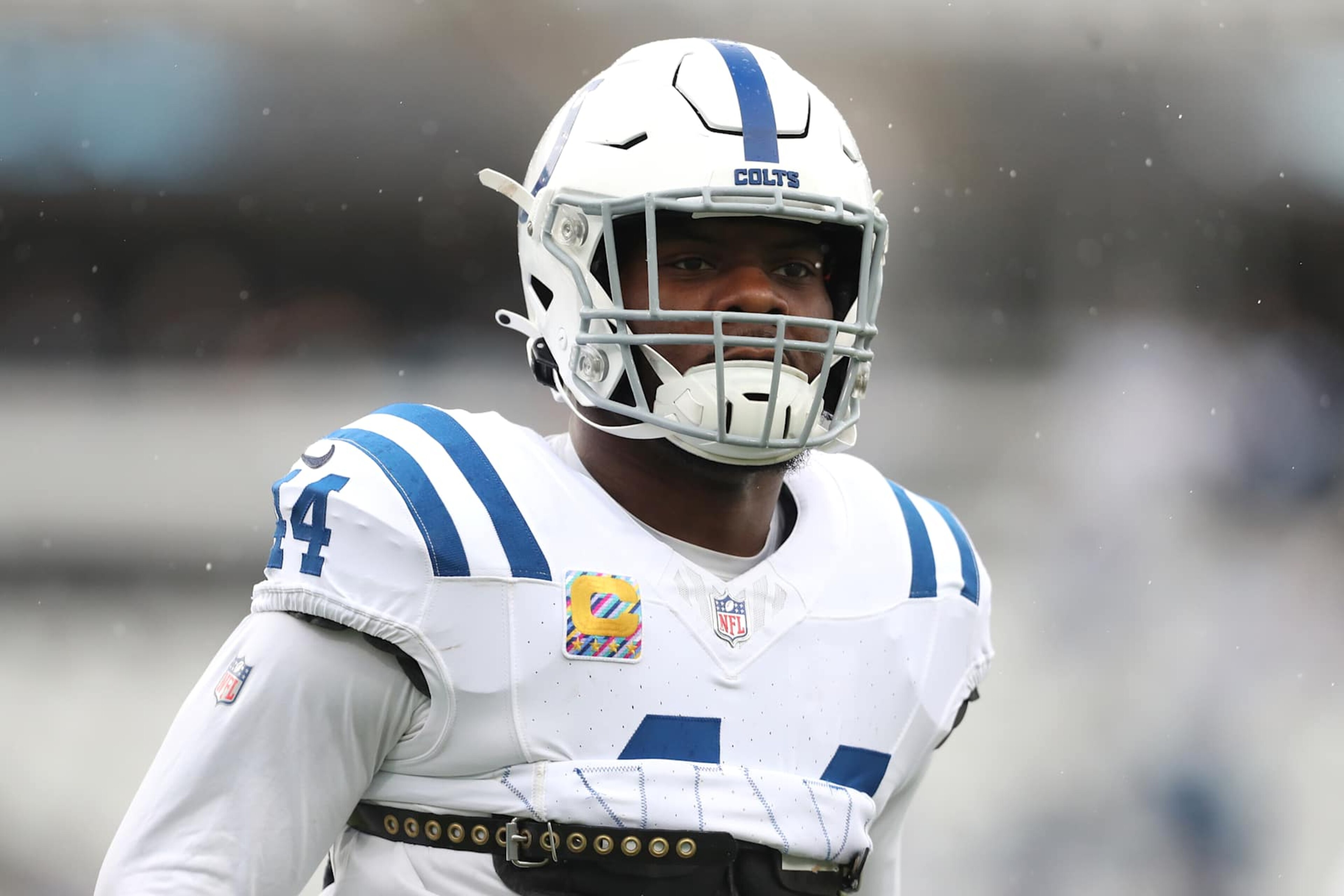 JACKSONVILLE, FLORIDA - OCTOBER 06: Zaire Franklin #44 of the Indianapolis Colts looks on before a game against the Jacksonville Jaguars at EverBank Stadium on October 06, 2024 in Jacksonville, Florida. (Photo by Courtney Culbreath/Getty Images)