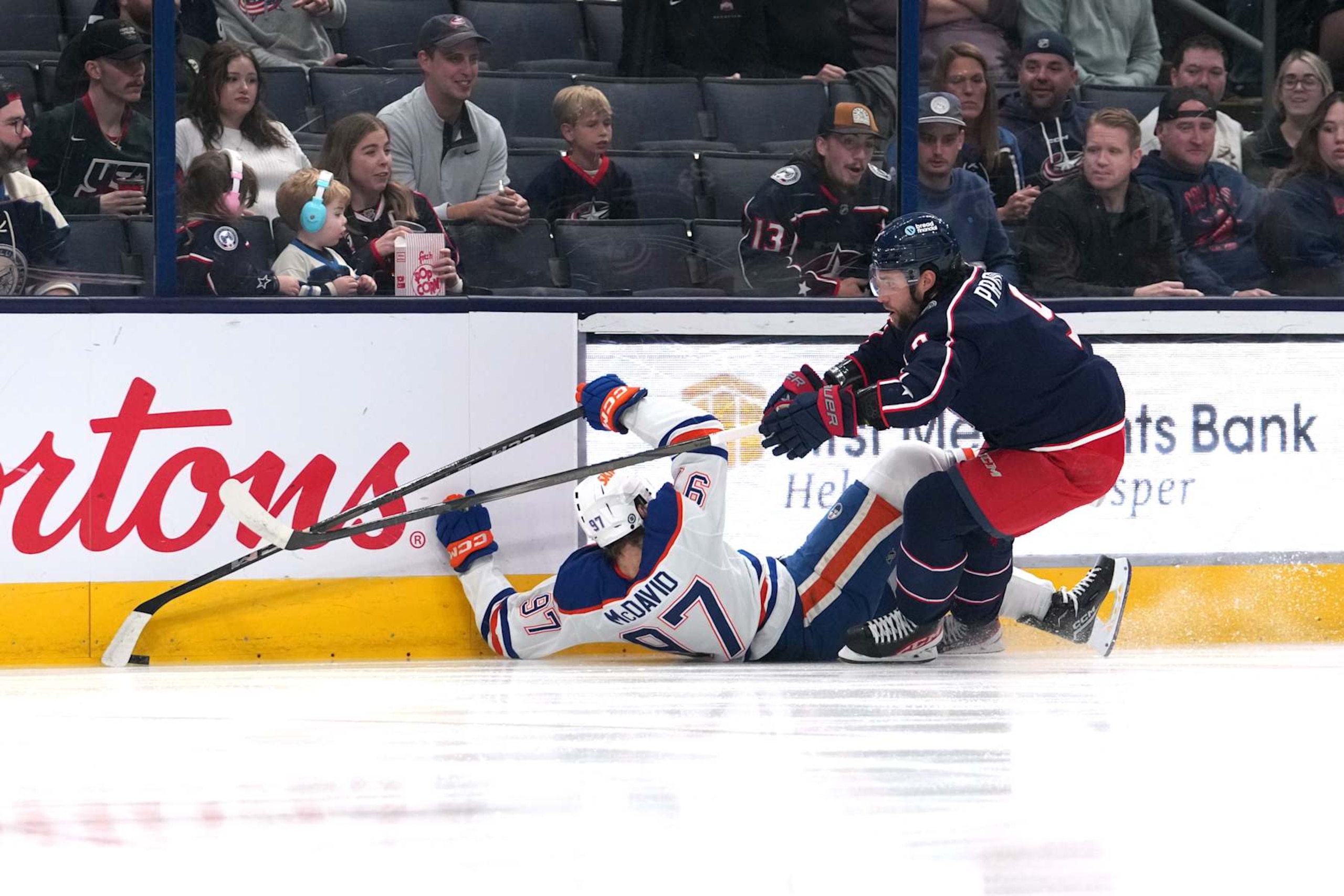 COLUMBUS, OHIO - OCTOBER 28: Ivan Provorov #9 of the Columbus Blue Jackets hits Connor McDavid #97 of the Edmonton Oilers into the boards during the first period at Nationwide Arena on October 28, 2024 in Columbus, Ohio. (Photo by Jason Mowry/Getty Images) COLUMBUS, OHIO - OCTOBER 28: Ivan Provorov #9 of the Columbus Blue Jackets hits Connor McDavid #97 of the Edmonton Oilers into the boards during the first period at Nationwide Arena on October 28, 2024 in Columbus, Ohio. (Photo by Jason Mowry/Getty Images)