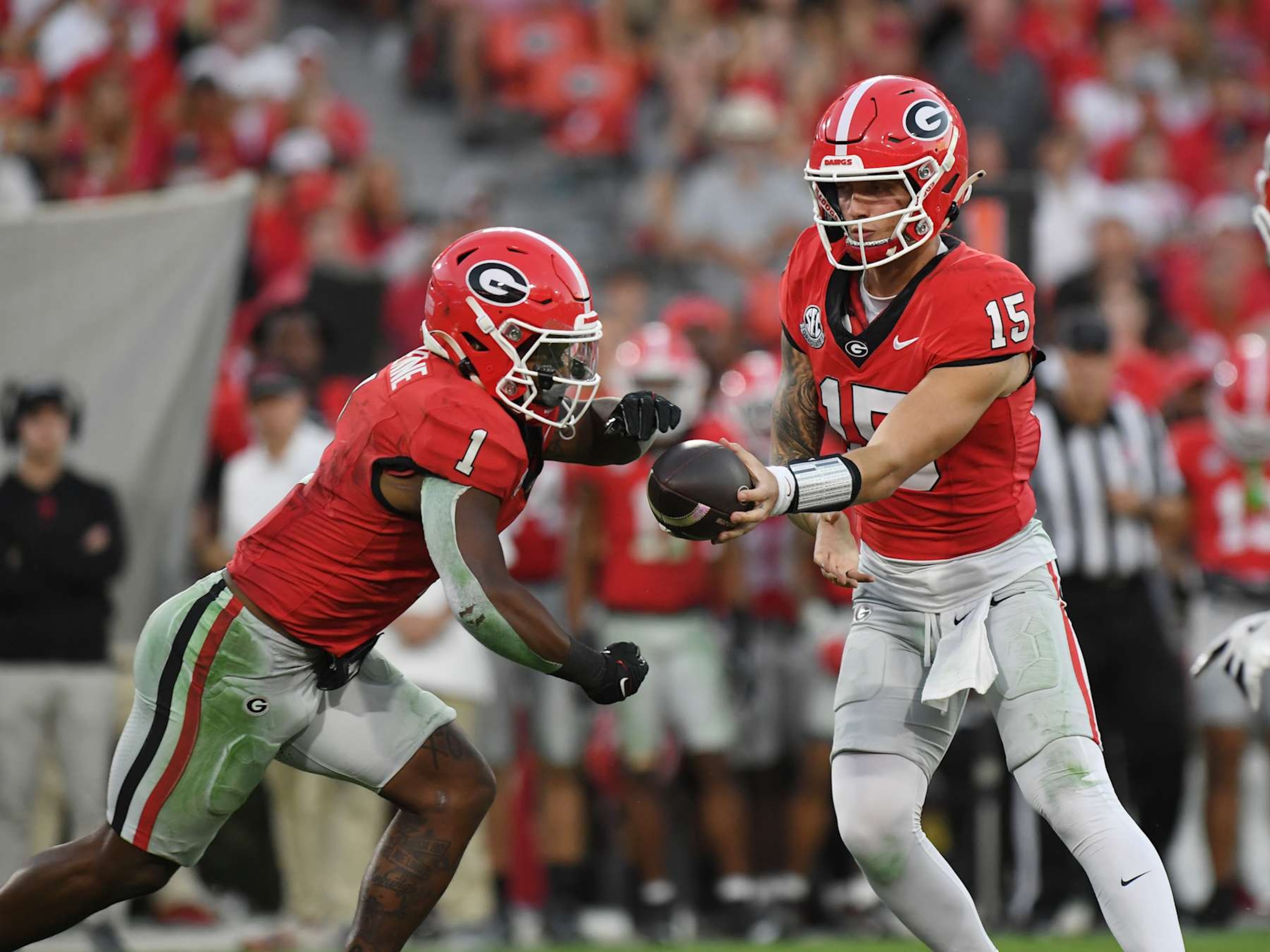 Georgia RB Trevor Etienne and QB Carson Beck