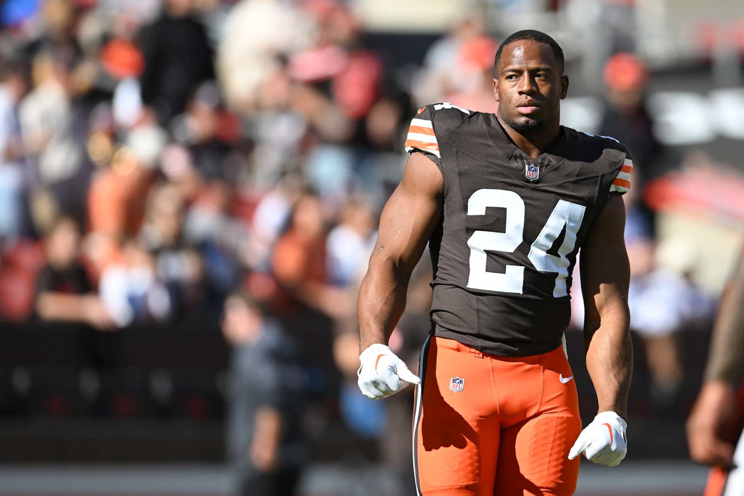 CLEVELAND, OHIO - OCTOBER 20: Nick Chubb #24 of the Cleveland Browns looks on prior to a game against the Cincinnati Bengals at Huntington Bank Field on October 20, 2024 in Cleveland, Ohio. (Photo by Nick Cammett/Diamond Images via Getty Images)