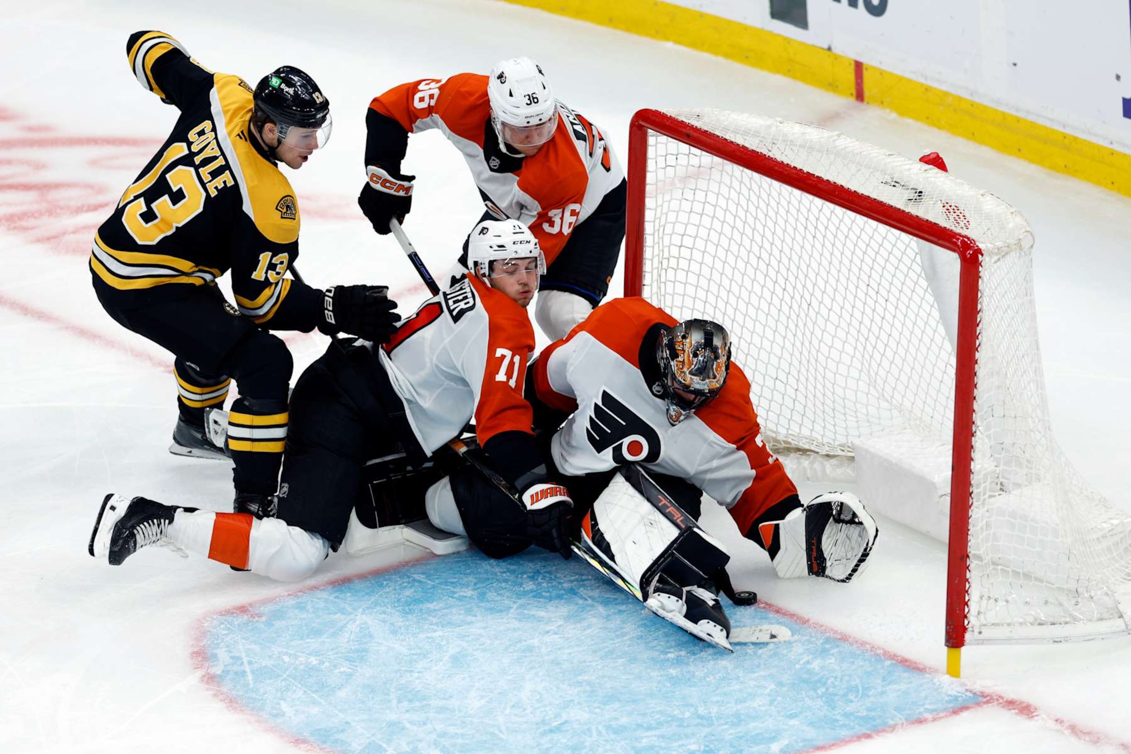 Boston, MA - October 30: Philadelphia Flyers goaltender Samuel Ersson makes a save during the third period at TD Garden. (Photo by Danielle Parhizkaran/The Boston Globe via Getty Images) Boston, MA - October 30: Philadelphia Flyers goaltender Samuel Ersson makes a save during the third period at TD Garden. (Photo by Danielle Parhizkaran/The Boston Globe via Getty Images)