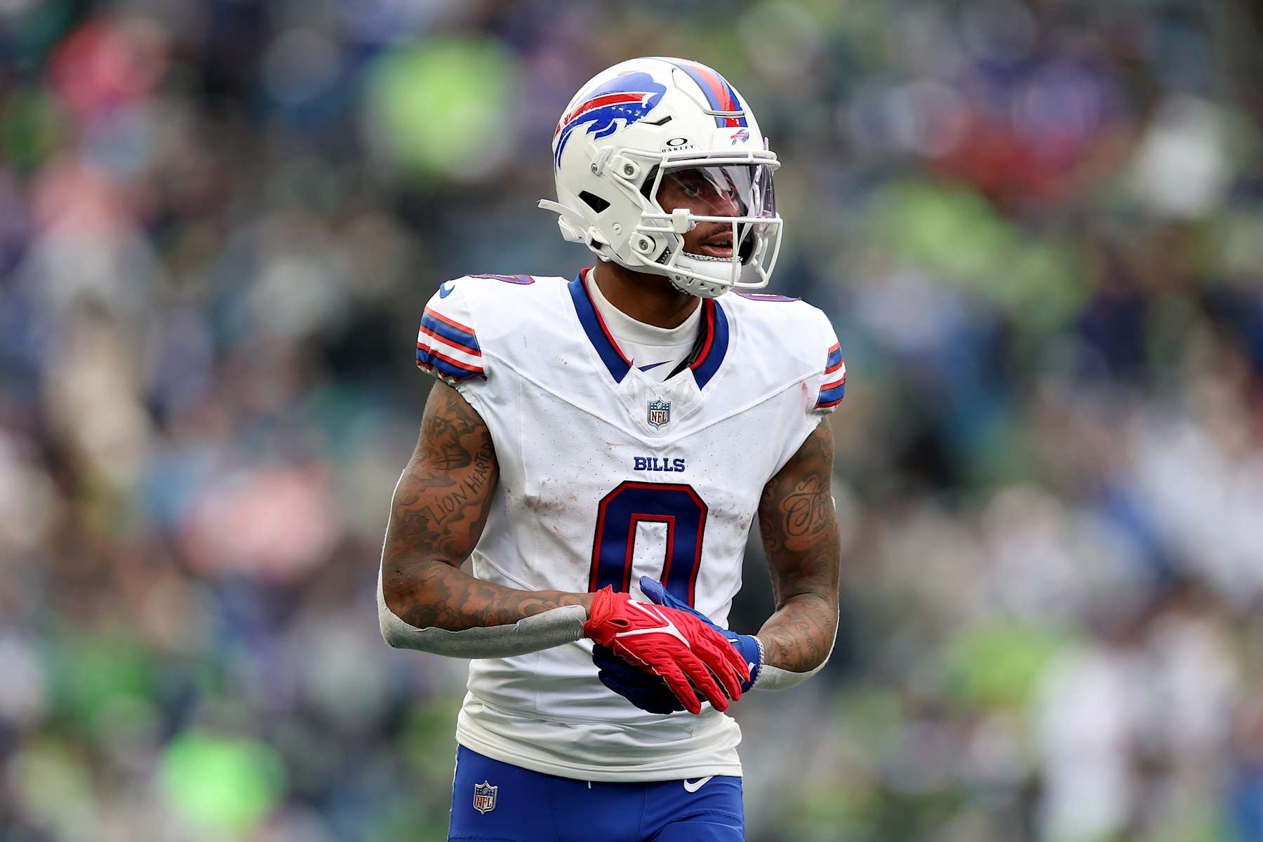 SEATTLE, WASHINGTON - OCTOBER 27: Keon Coleman #0 of the Buffalo Bills looks on against the Seattle Seahawks at Lumen Field on October 27, 2024 in Seattle, Washington. (Photo by Steph Chambers/Getty Images)