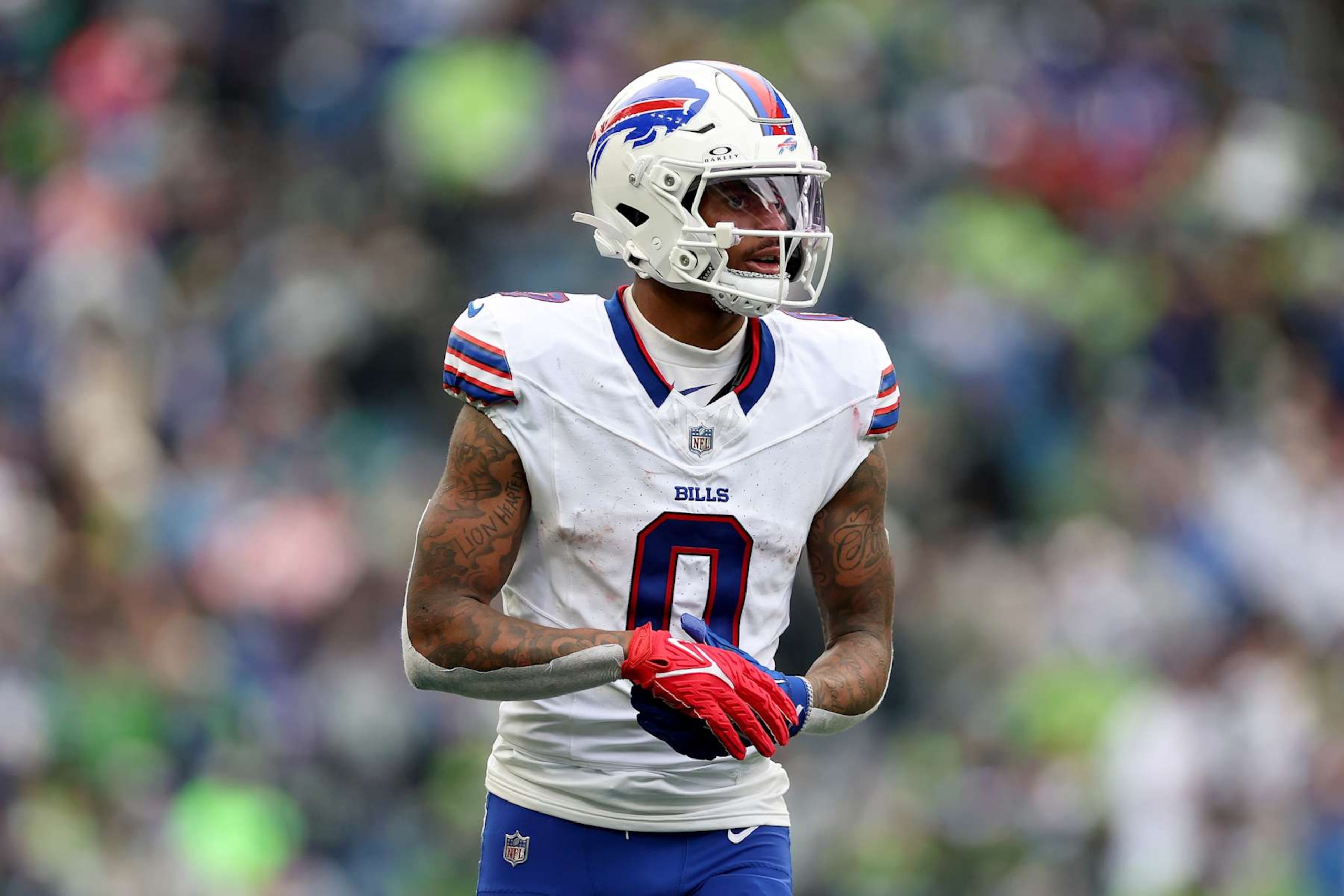 SEATTLE, WASHINGTON - OCTOBER 27: Keon Coleman #0 of the Buffalo Bills looks on against the Seattle Seahawks at Lumen Field on October 27, 2024 in Seattle, Washington. (Photo by Steph Chambers/Getty Images)