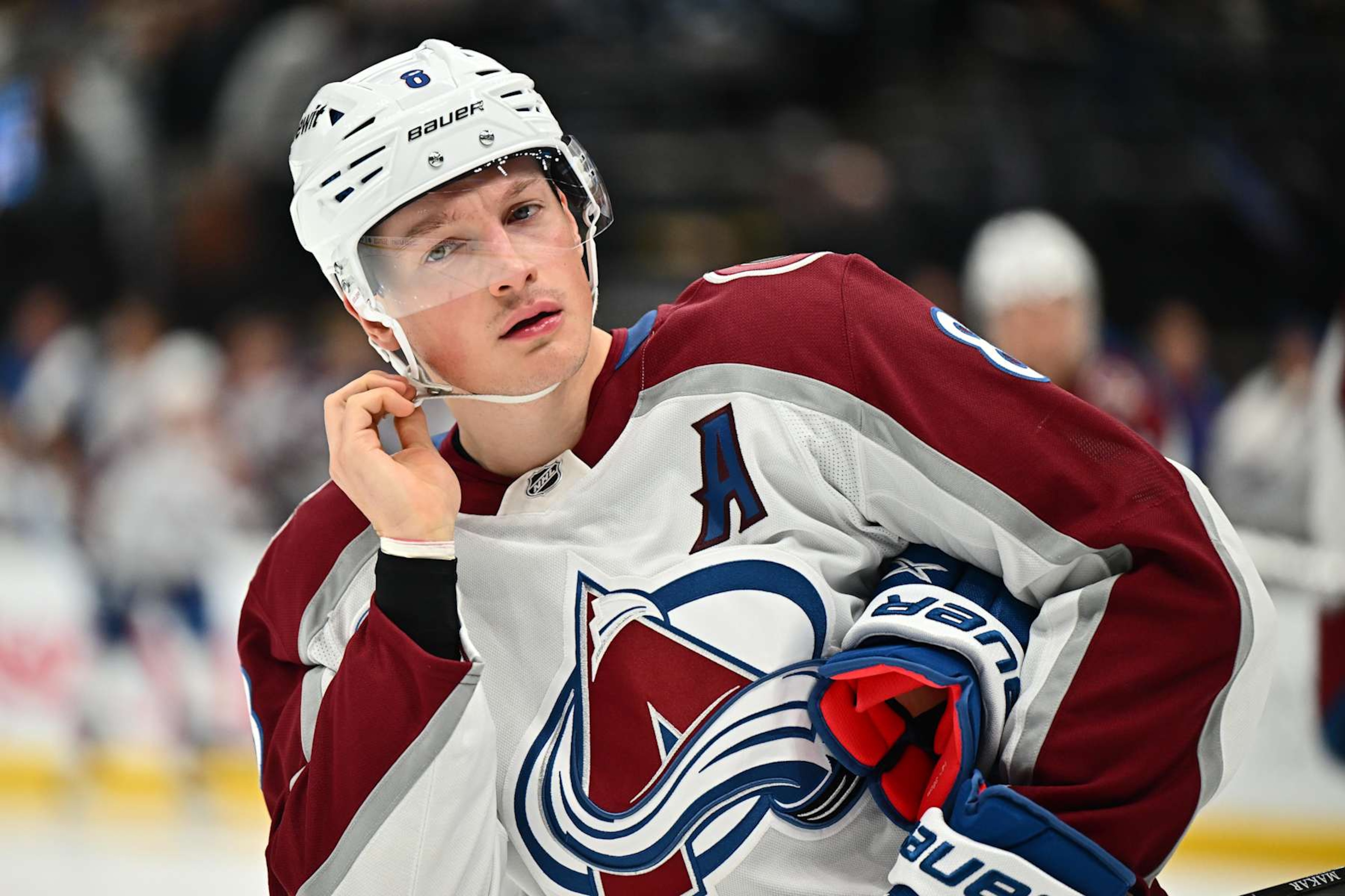 SALT LAKE CITY, UTAH - OCTOBER 24: Cale Makar #8 of the Colorado Avalanche skates prior to the start of a game against the Utah Hockey Club on October 24, 2024 at Delta Center in Salt Lake City, Utah. (Photo by Jamie Sabau/NHLI via Getty Images) SALT LAKE CITY, UTAH - OCTOBER 24: Cale Makar #8 of the Colorado Avalanche skates prior to the start of a game against the Utah Hockey Club on October 24, 2024 at Delta Center in Salt Lake City, Utah. (Photo by Jamie Sabau/NHLI via Getty Images)