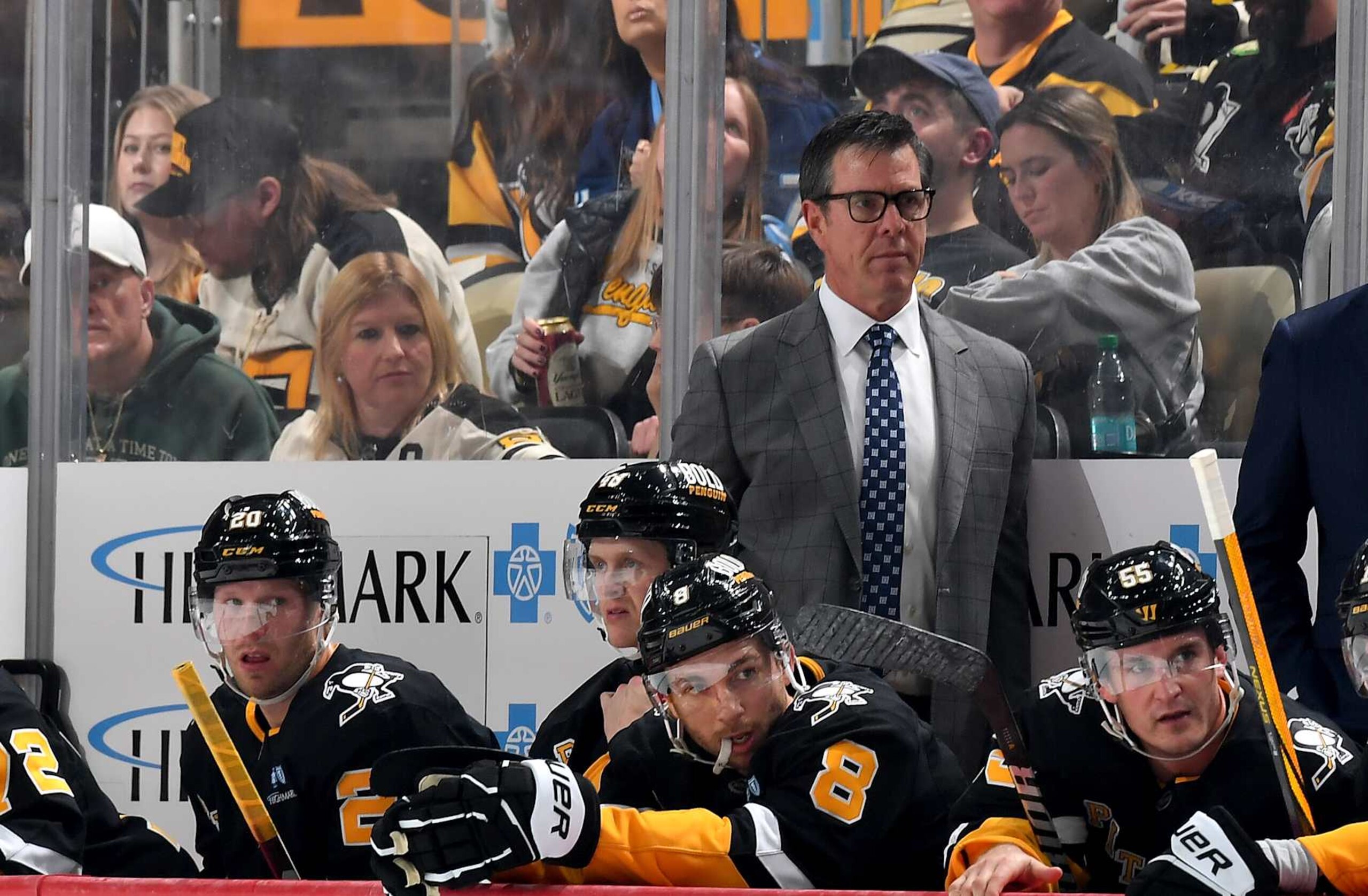 PITTSBURGH, PA - OCTOBER 29:  Mike Sullivan of the Pittsburgh Penguins looks on against the Minnesota Wild at PPG PAINTS Arena on October 29, 2024 in Pittsburgh, Pennsylvania. (Photo by Joe Sargent/NHLI via Getty Images)