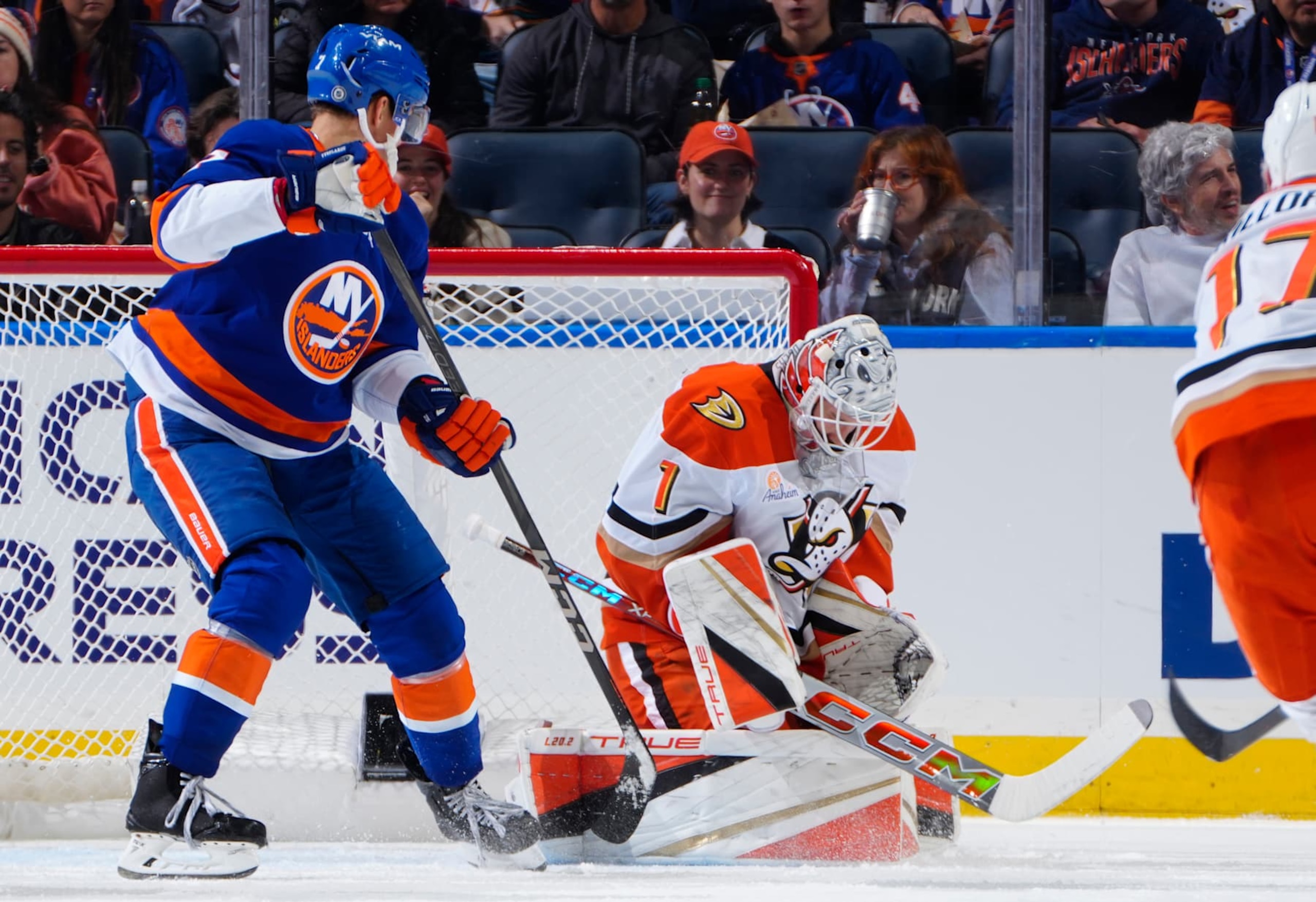 ELMONT, NEW YORK - OCTOBER 29:  Lukas Dostal #1 of the Anaheim Ducks makes a save against the New York Islanders during the second period at UBS Arena on October 29, 2024 in Elmont, New York. (Photo by Mike Stobe/NHLI via Getty Images)