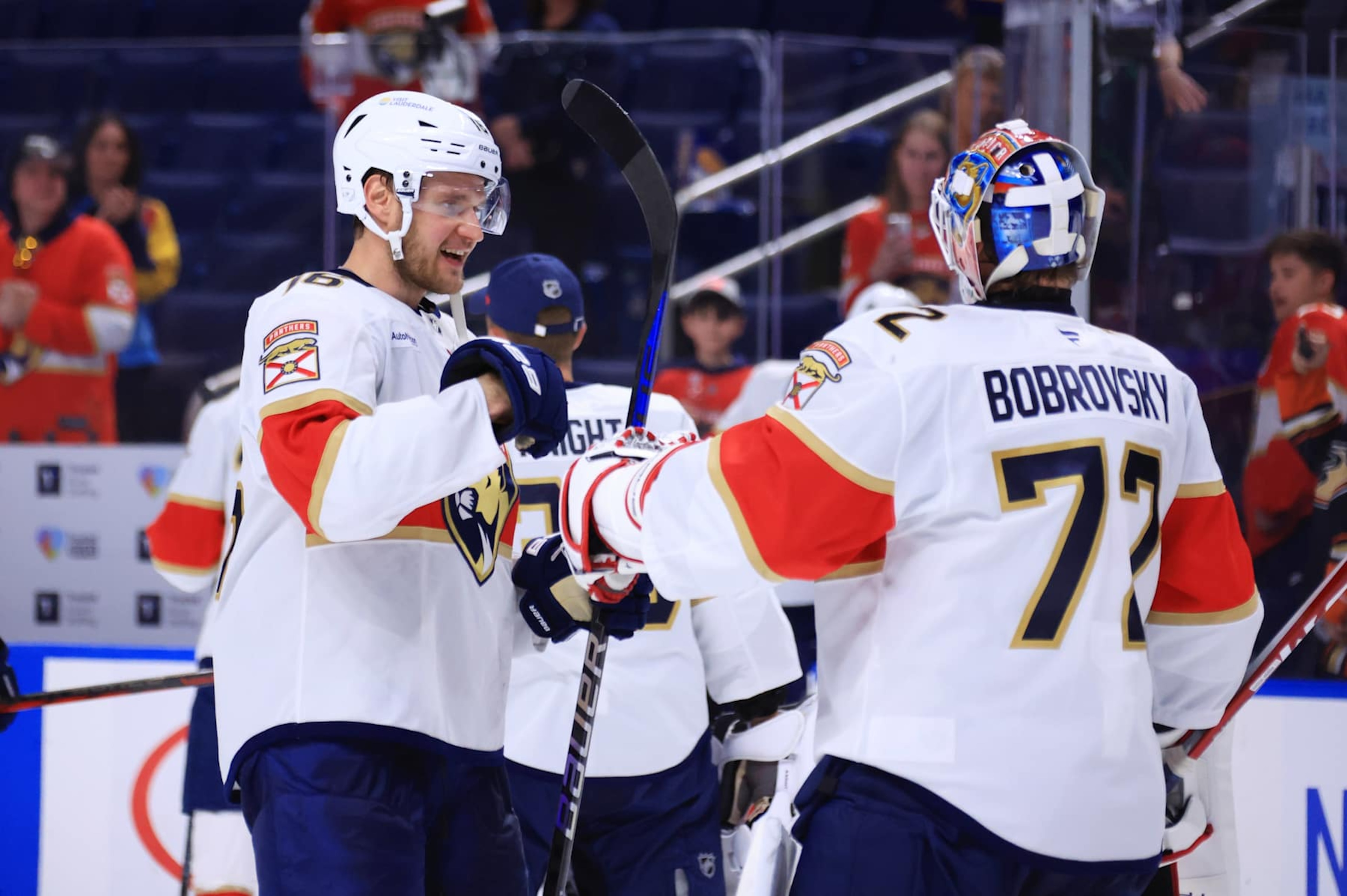BUFFALO, NEW YORK - OCTOBER 28: Aleksander Barkov #16 celebrates with Sergei Bobrovsky #72 of the Florida Panthers after an NHL game against the Buffalo Sabres on October 28, 2024 at KeyBank Center in Buffalo, New York. Florida won, 5-2. (Photo by Bill Wippert/NHLI via Getty Images) BUFFALO, NEW YORK - OCTOBER 28: Aleksander Barkov #16 celebrates with Sergei Bobrovsky #72 of the Florida Panthers after an NHL game against the Buffalo Sabres on October 28, 2024 at KeyBank Center in Buffalo, New York. Florida won, 5-2. (Photo by Bill Wippert/NHLI via Getty Images)