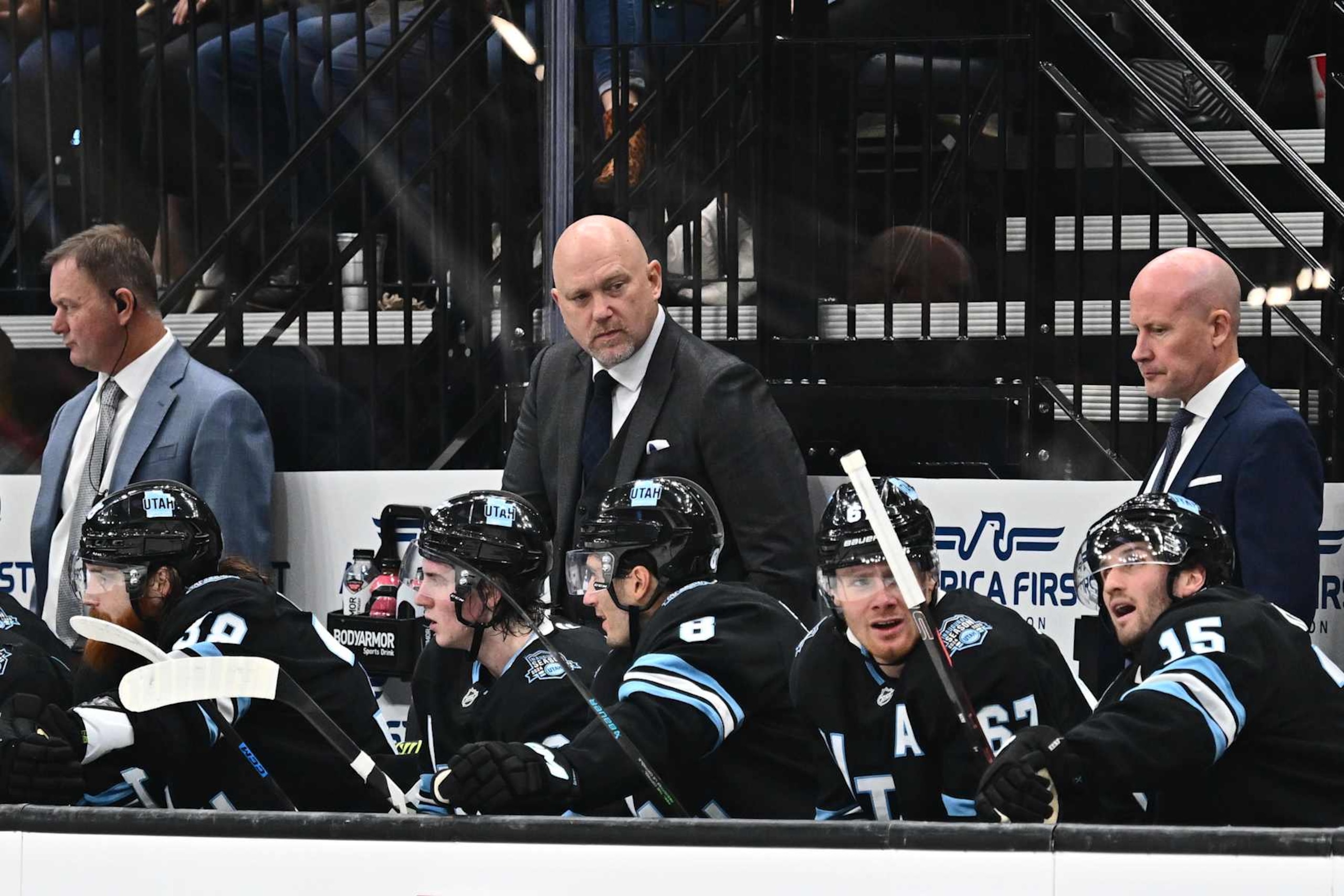 SALT LAKE CITY, UTAH - OCTOBER 28: Head Coach Andre Tourigny of the Utah Hockey Club talks with his players during the third period of a game against the San Jose Sharks on October 28, 2024 at Delta Center in Salt Lake City, Utah. (Photo by Jamie Sabau/NHLI via Getty Images)