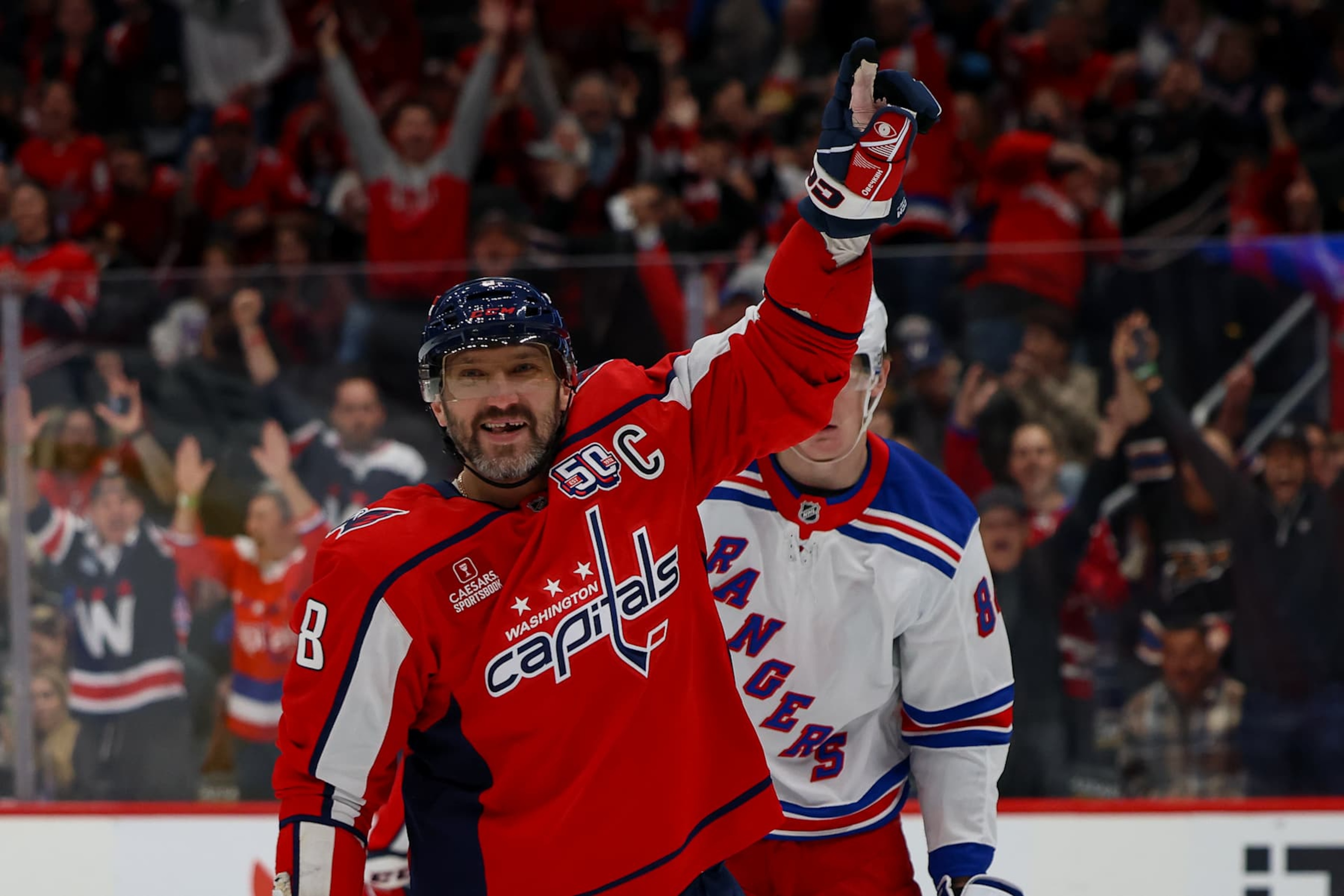 WASHINGTON, DC - OCTOBER 29: Alex Ovechkin #8 of the Washington Capitals celebrates a first period goal against the New York Rangers at Capital One Arena on October 29, 2024 in Washington, D.C. (Photo by John McCreary/NHLI via Getty Images) WASHINGTON, DC - OCTOBER 29: Alex Ovechkin #8 of the Washington Capitals celebrates a first period goal against the New York Rangers at Capital One Arena on October 29, 2024 in Washington, D.C. (Photo by John McCreary/NHLI via Getty Images)