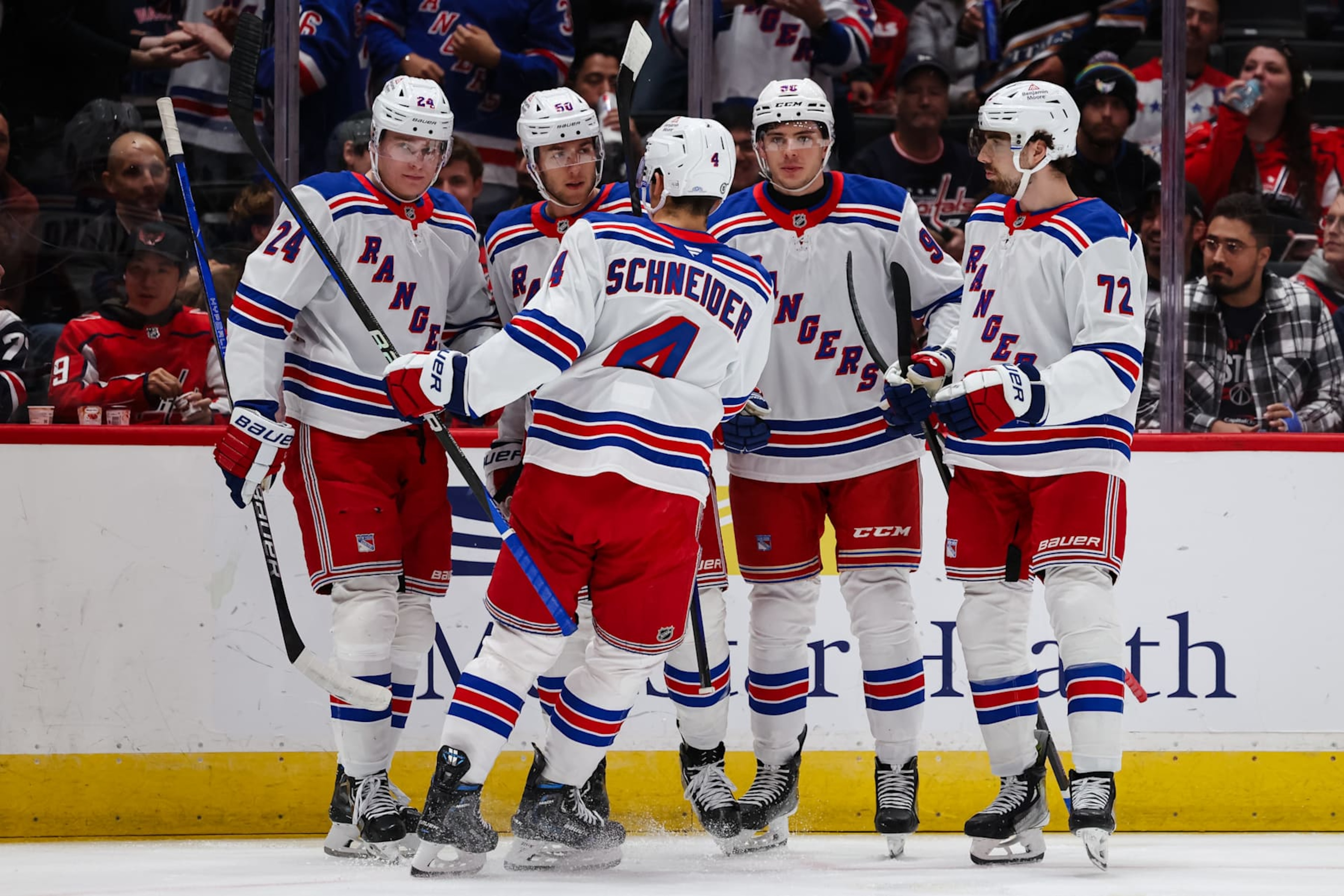 WASHINGTON, DC - OCTOBER 29: Will Cuylle #50 of the New York Rangers celebrates with teammates after scoring a coal against the Washington Capitals during the first period of the game at Capital One Arena on October 29, 2024 in Washington, DC. (Photo by Scott Taetsch/Getty Images) WASHINGTON, DC - OCTOBER 29: Will Cuylle #50 of the New York Rangers celebrates with teammates after scoring a coal against the Washington Capitals during the first period of the game at Capital One Arena on October 29, 2024 in Washington, DC. (Photo by Scott Taetsch/Getty Images)
