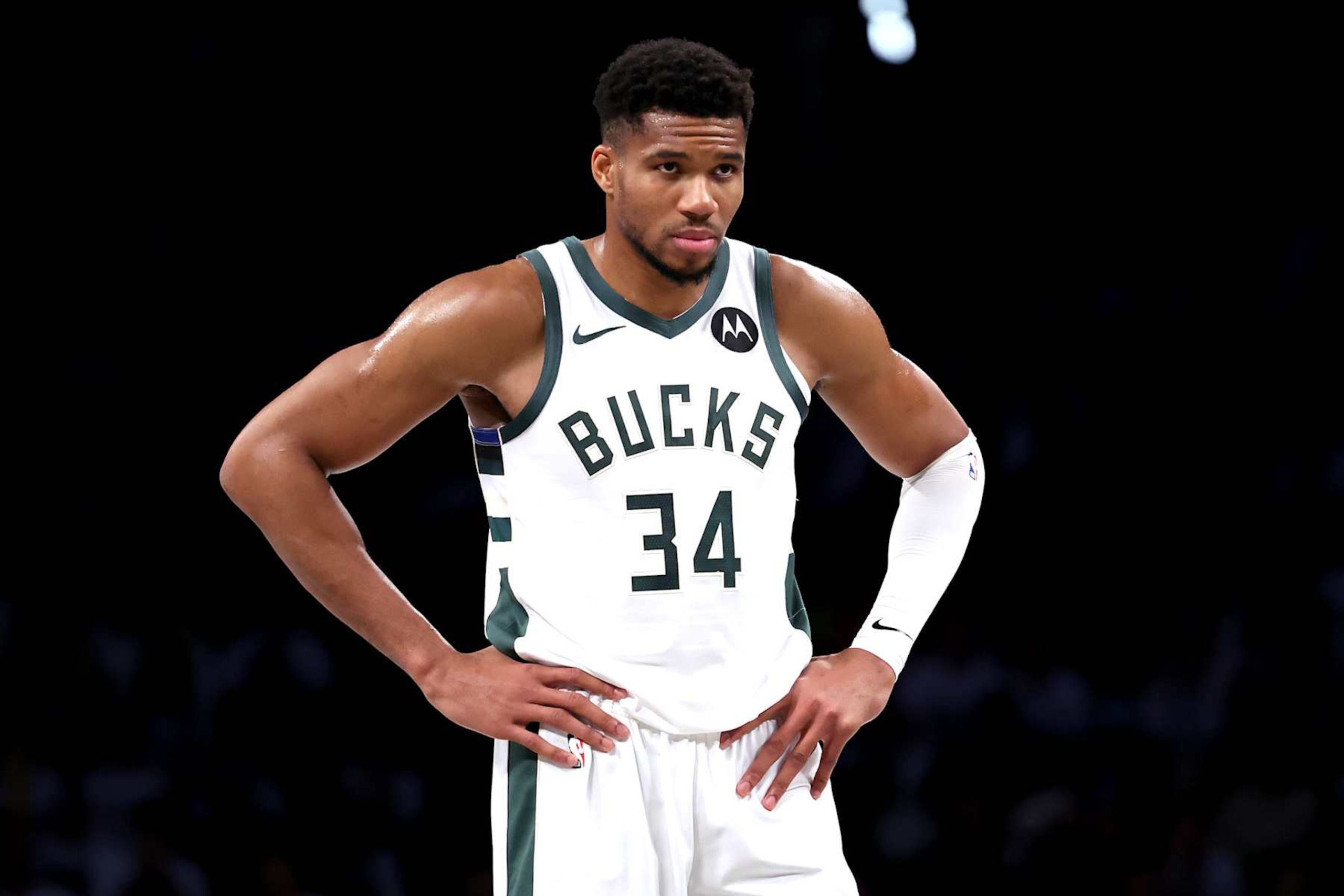 NEW YORK, NEW YORK - OCTOBER 27: Giannis Antetokounmpo #34 of the Milwaukee Bucks reacts against the Brooklyn Nets during the fourth quarter at Barclays Center on October 27, 2024 in the Brooklyn borough of New York City. (Photo by Luke Hales/Getty Images)