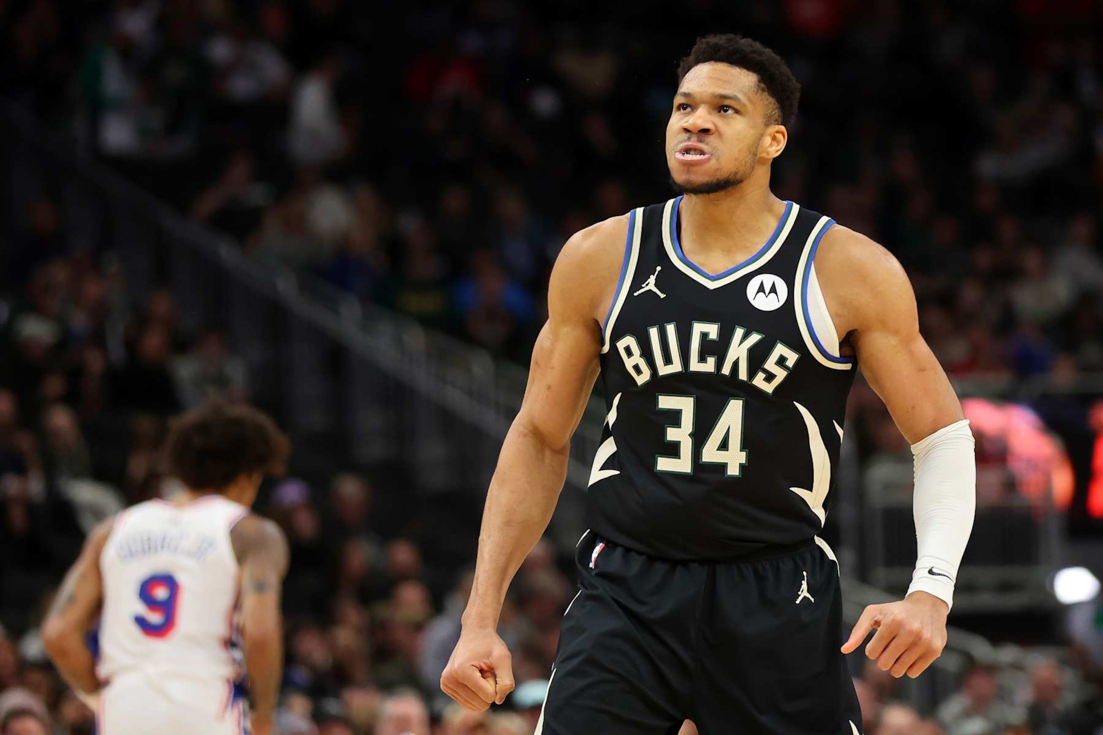 MILWAUKEE, WISCONSIN - MARCH 14: Giannis Antetokounmpo #34 of the Milwaukee Bucks reacts to a dunk during the first half of a game against the Philadelphia 76ers at Fiserv Forum on March 14, 2024 in Milwaukee, Wisconsin. NOTE TO USER: User expressly acknowledges and agrees that, by downloading and or using this photograph, User is consenting to the terms and conditions of the Getty Images License Agreement. (Photo by Stacy Revere/Getty Images) MILWAUKEE, WISCONSIN - MARCH 14: Giannis Antetokounmpo #34 of the Milwaukee Bucks reacts to a dunk during the first half of a game against the Philadelphia 76ers at Fiserv Forum on March 14, 2024 in Milwaukee, Wisconsin. NOTE TO USER: User expressly acknowledges and agrees that, by downloading and or using this photograph, User is consenting to the terms and conditions of the Getty Images License Agreement. (Photo by Stacy Revere/Getty Images)