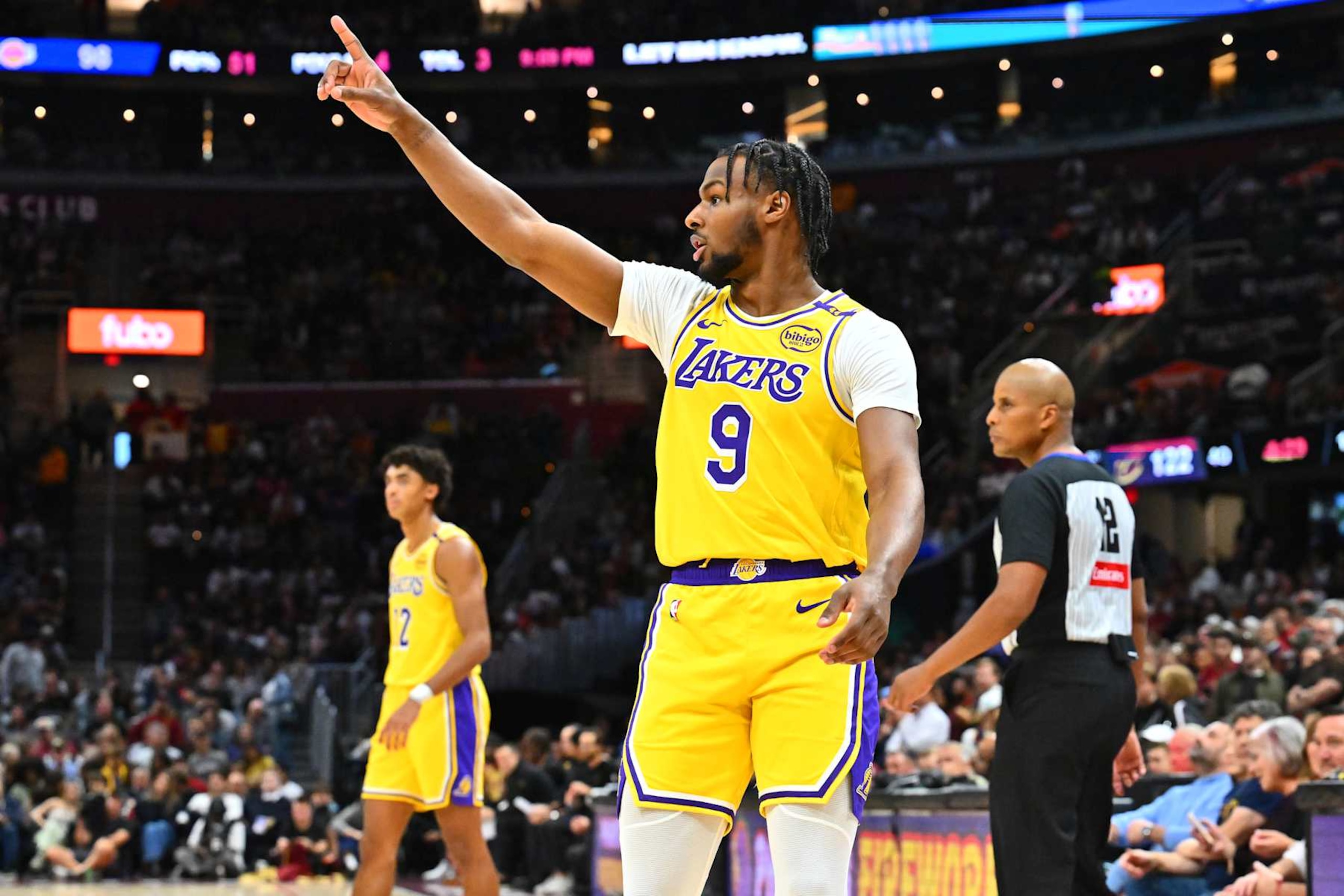 CLEVELAND, OHIO - OCTOBER 30: Bronny James #9 of the Los Angeles Lakers signals to a teammate during the fourth quarter against the Cleveland Cavaliers at Rocket Mortgage Fieldhouse on October 30, 2024 in Cleveland, Ohio. The Cavaliers defeated the Lakers 134-110. NOTE TO USER: User expressly acknowledges and agrees that, by downloading and or using this photograph, User is consenting to the terms and conditions of the Getty Images License Agreement. (Photo by Jason Miller/Getty Images)
