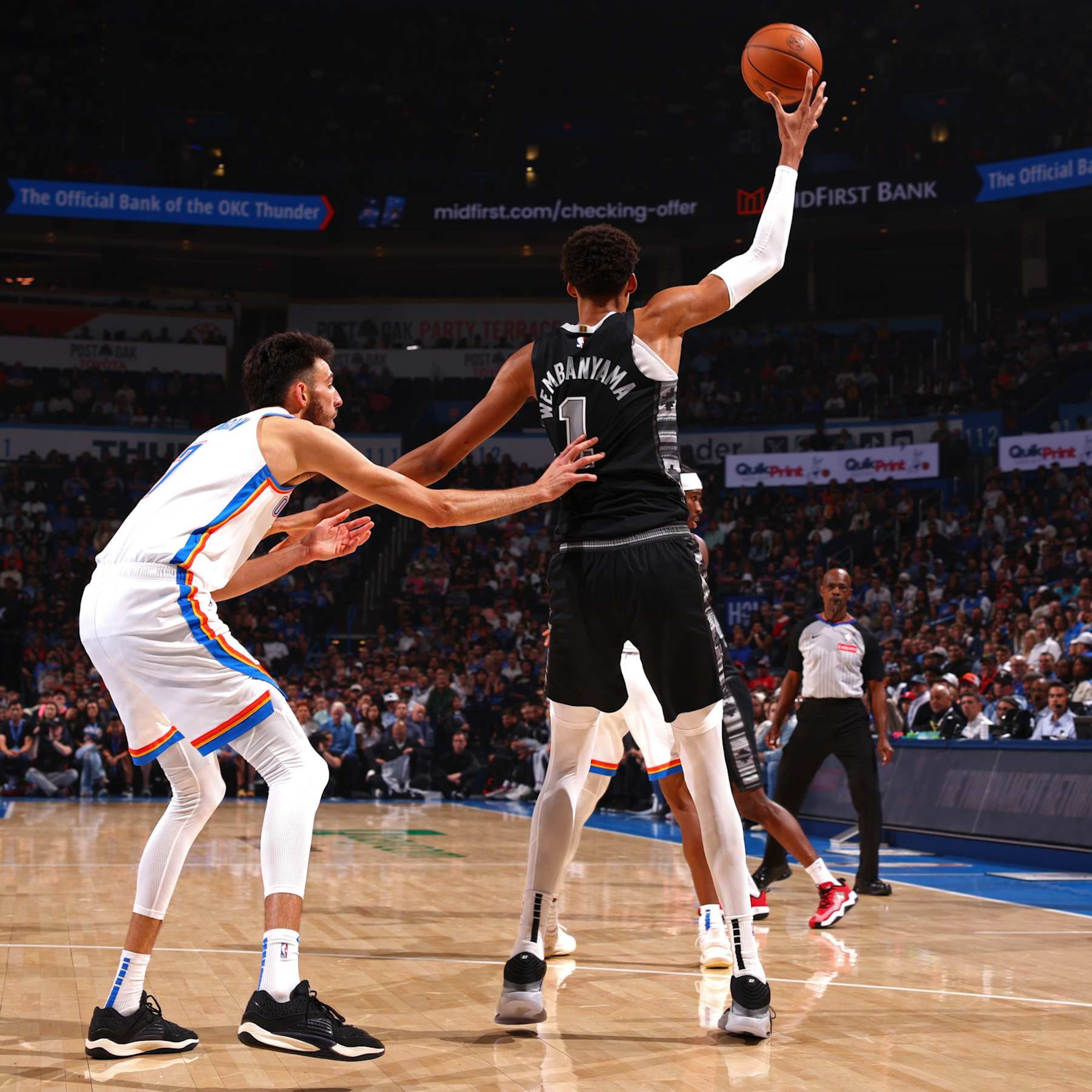OKLAHOMA CITY, OK - OCTOBER 30: Victor Wembanyama #1 of the San Antonio Spurs handles the ball during the game against the Oklahoma City Thunder on October 30, 2024 at Paycom Arena in Oklahoma City, Oklahoma. NOTE TO USER: User expressly acknowledges and agrees that, by downloading and or using this photograph, User is consenting to the terms and conditions of the Getty Images License Agreement. Mandatory Copyright Notice: Copyright 2024 NBAE (Photo by Zach Beeker/NBAE via Getty Images) OKLAHOMA CITY, OK - OCTOBER 30: Victor Wembanyama #1 of the San Antonio Spurs handles the ball during the game against the Oklahoma City Thunder on October 30, 2024 at Paycom Arena in Oklahoma City, Oklahoma. NOTE TO USER: User expressly acknowledges and agrees that, by downloading and or using this photograph, User is consenting to the terms and conditions of the Getty Images License Agreement. Mandatory Copyright Notice: Copyright 2024 NBAE (Photo by Zach Beeker/NBAE via Getty Images)