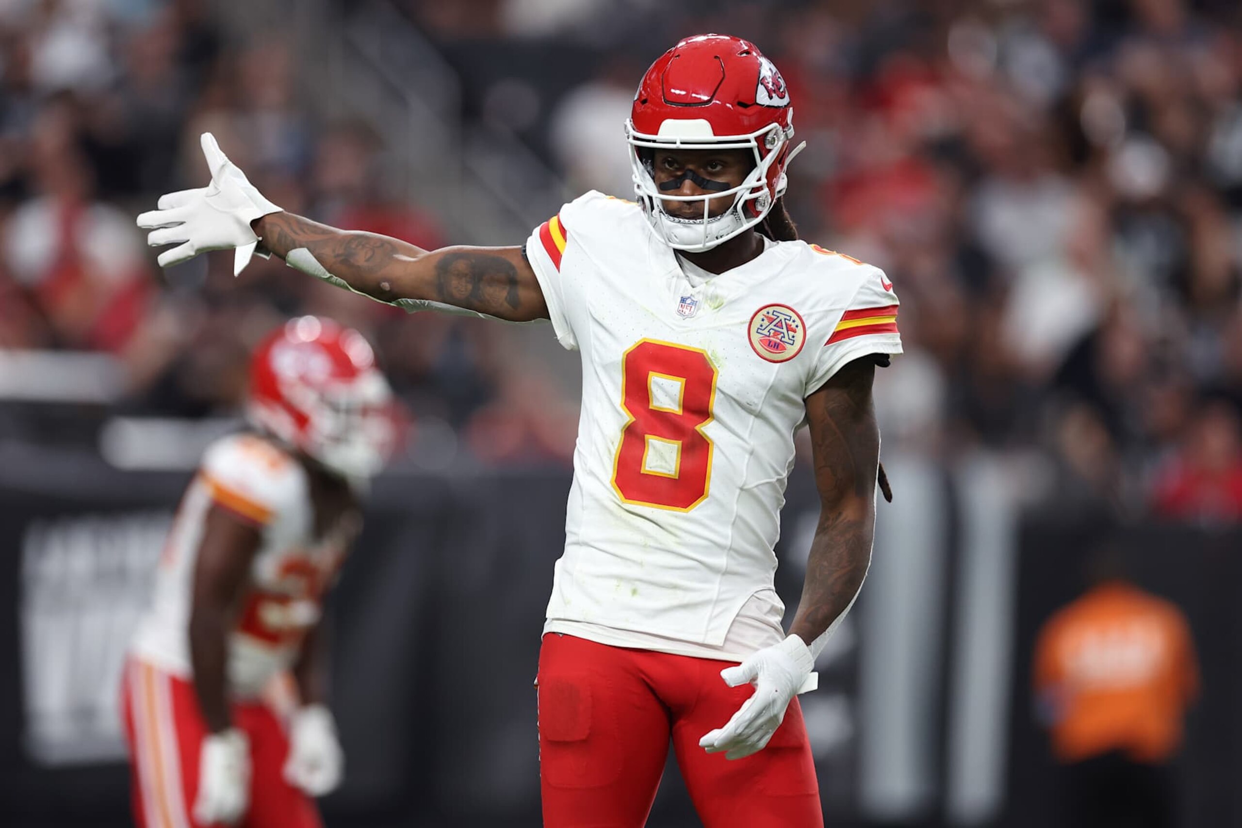 LAS VEGAS, NEVADA - OCTOBER 27: DeAndre Hopkins #8 of the Kansas City Chiefs reacts as they play the Las Vegas Raiders in the third quarter at Allegiant Stadium on October 27, 2024 in Las Vegas, Nevada. (Photo by Christian Petersen/Getty Images)