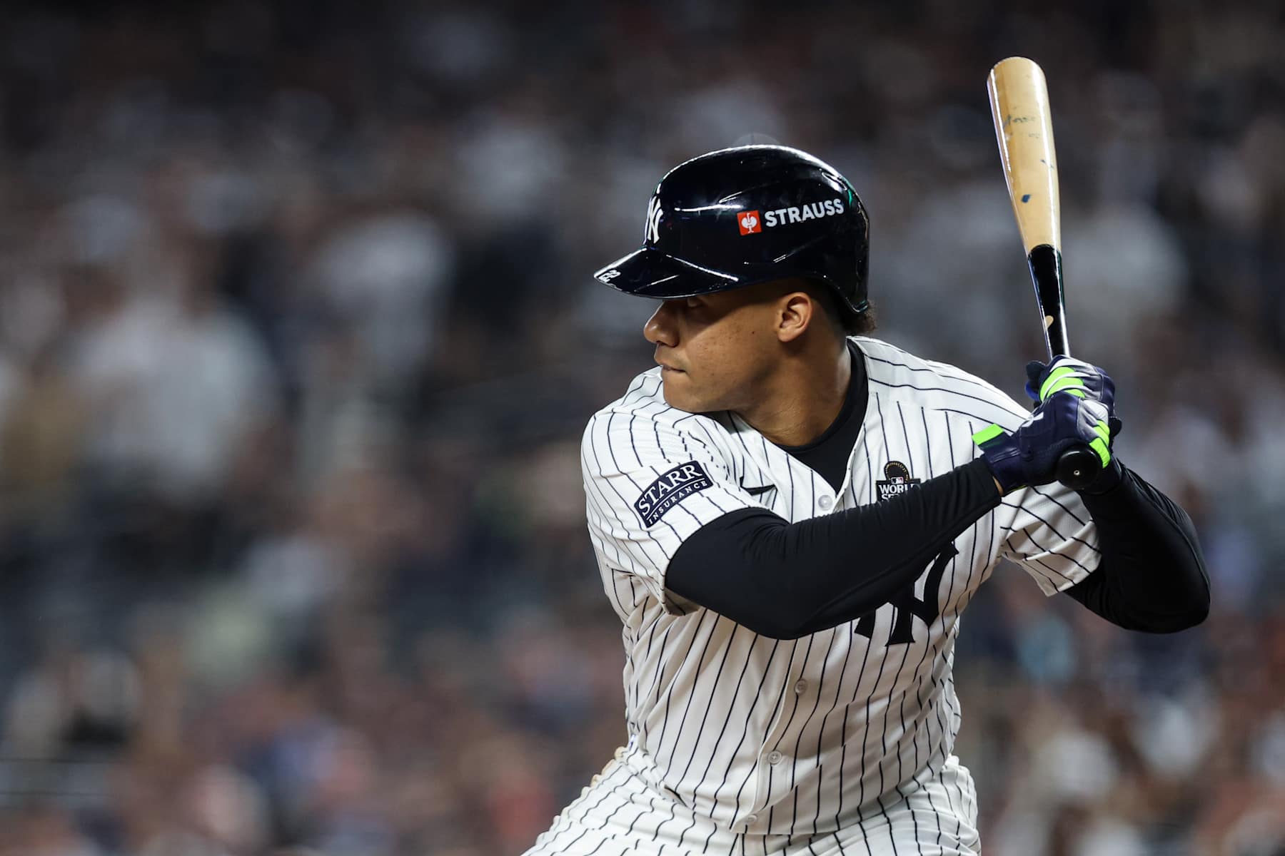 NEW YORK, NY - OCTOBER 30: Juan Soto #22 of the New York Yankees bats during Game 5 of the 2024 World Series presented by Capital One between the Los Angeles Dodgers and the New York Yankees at Yankee Stadium on Wednesday, October 30, 2024 in New York, New York. (Photo by Rob Tringali/MLB Photos via Getty Images)