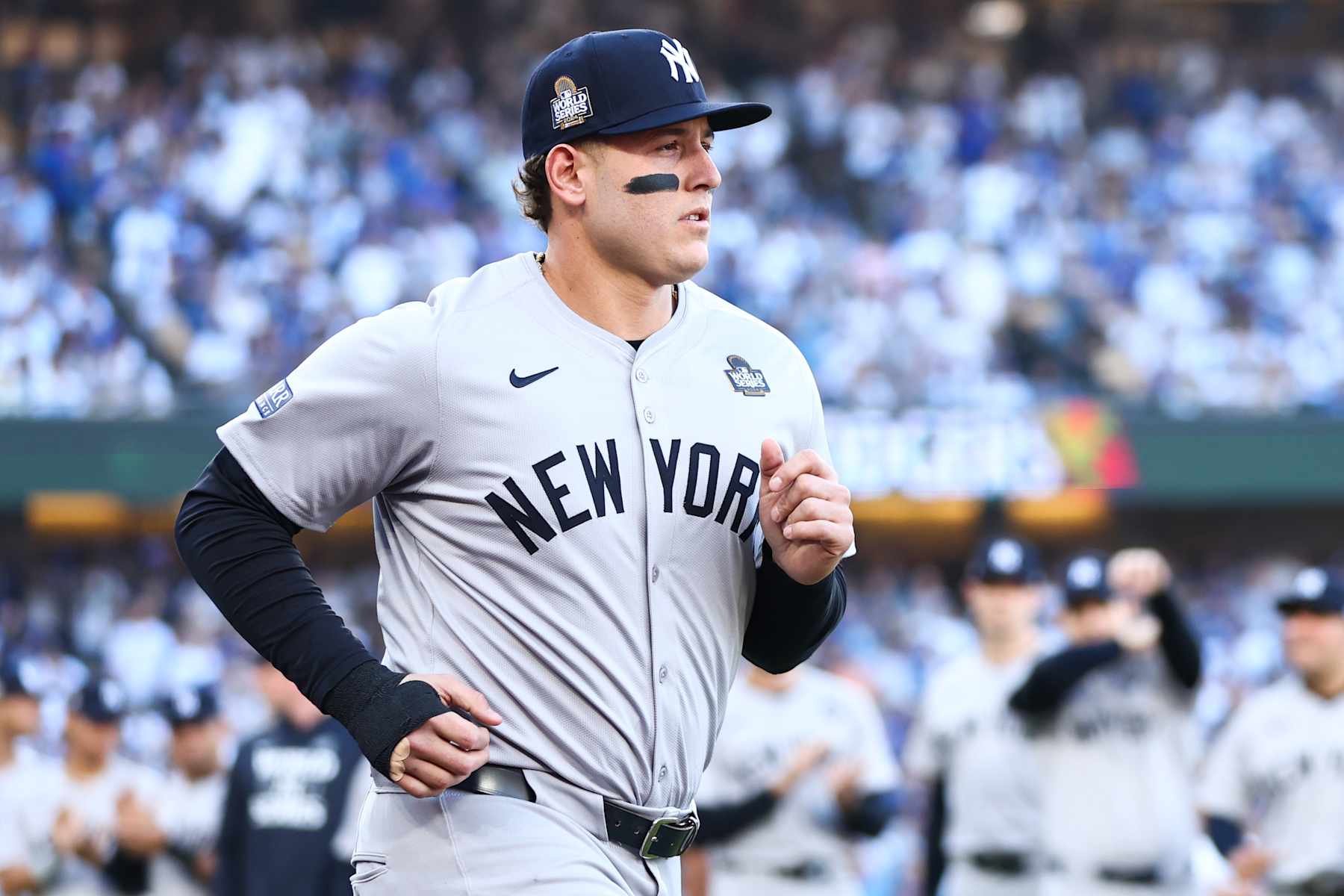 LOS ANGELES, CALIFORNIA - OCTOBER 25: Anthony Rizzo #48 of the New York Yankees is introduced before Game One of the 2024 World Series against the Los Angeles Dodgers at Dodger Stadium on October 25, 2024 in Los Angeles, California. (Photo by Maddie Meyer/Getty Images)