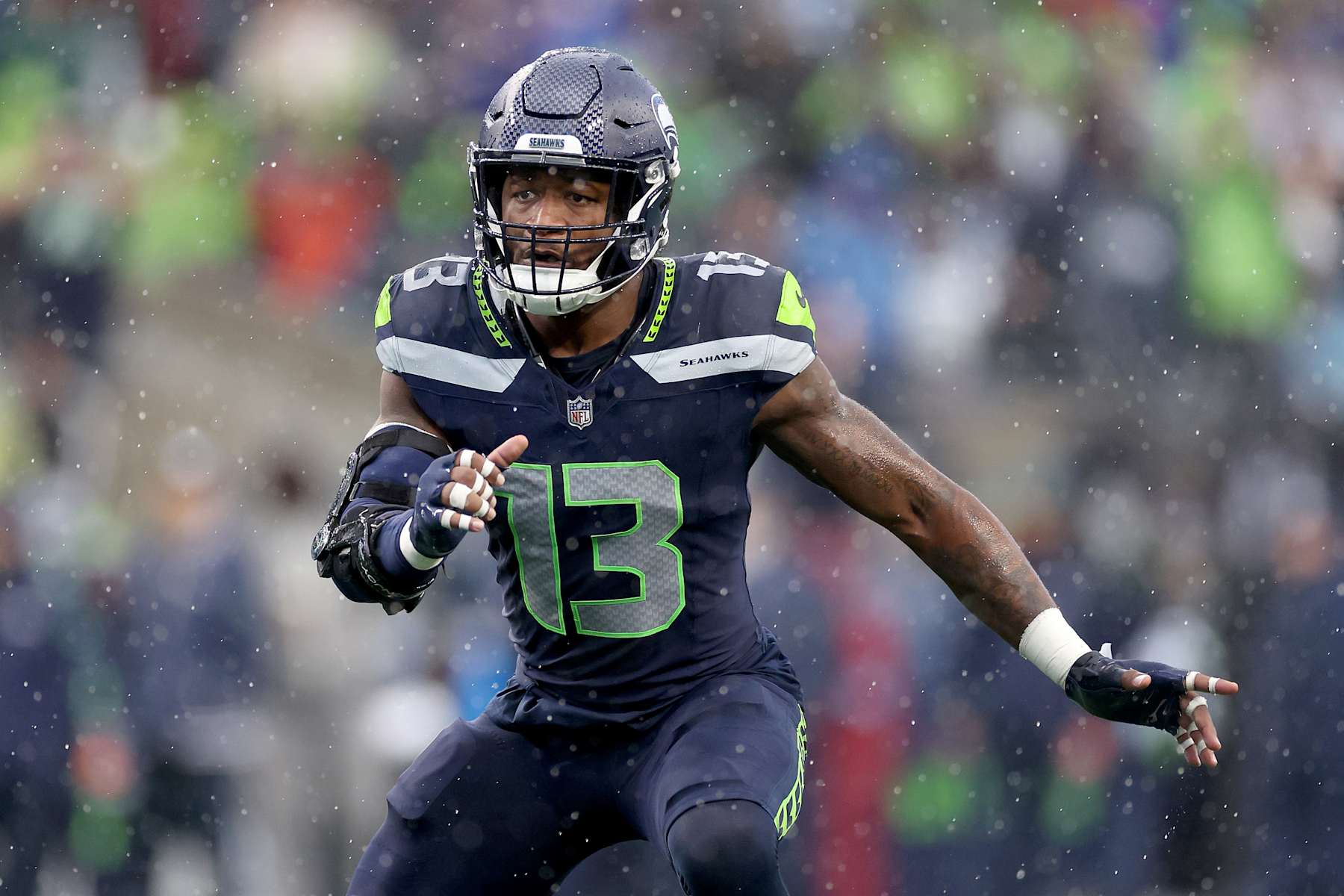 SEATTLE, WASHINGTON - OCTOBER 27: Ernest Jones IV #13 of the Seattle Seahawks in action against the Buffalo Bills at Lumen Field on October 27, 2024 in Seattle, Washington. (Photo by Steph Chambers/Getty Images)