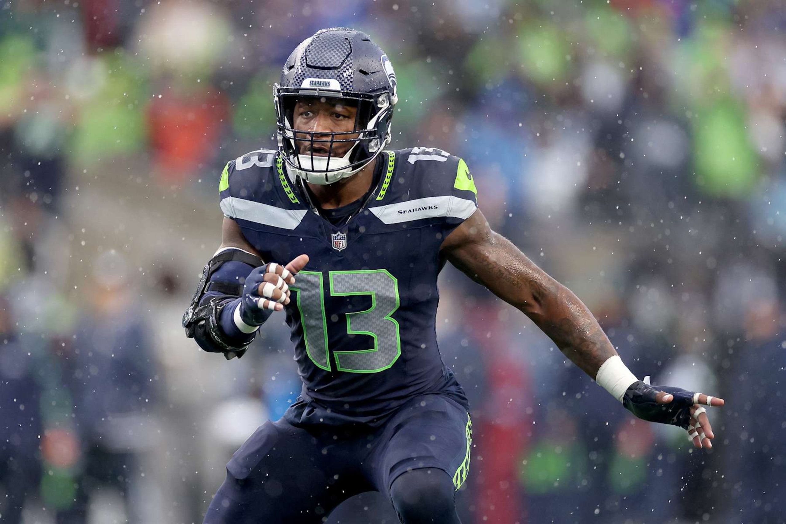 SEATTLE, WASHINGTON - OCTOBER 27: Ernest Jones IV #13 of the Seattle Seahawks in action against the Buffalo Bills at Lumen Field on October 27, 2024 in Seattle, Washington. (Photo by Steph Chambers/Getty Images)
