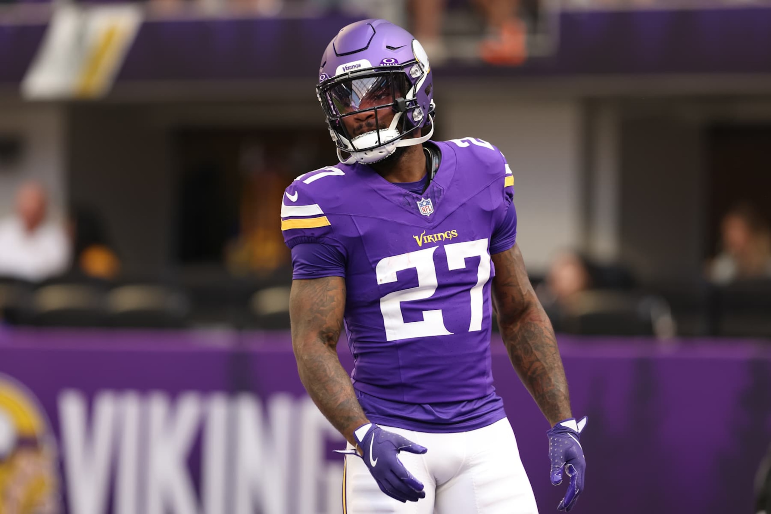 MINNEAPOLIS, MN - OCTOBER 20: Minnesota Vikings running back Cam Akers (27) looks on before the NFL game between the Detroit Lions and the Minnesota Vikings on October 20, 2024, at U.S. Bank Stadium in Minneapolis, MN. (Photo by Bailey Hillesheim/Icon Sportswire via Getty Images)