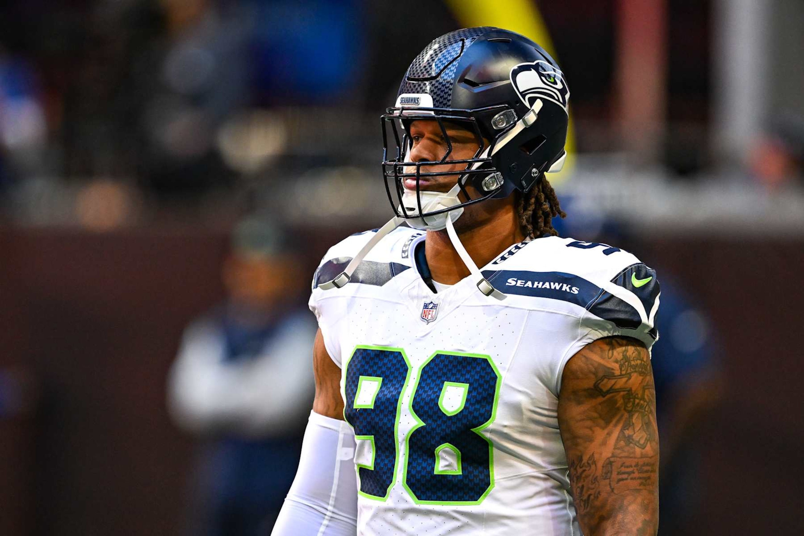 ATLANTA, GA  OCTOBER 20:  Seattle defensive tackle Roy Robertson-Harris (98) warms up prior to the start of the NFL game between the Seattle Seahawks and the Atlanta Falcons on October 20th, 2024 at Mercedes-Benz Stadium in Atlanta, GA.  (Photo by Rich von Biberstein/Icon Sportswire via Getty Images)