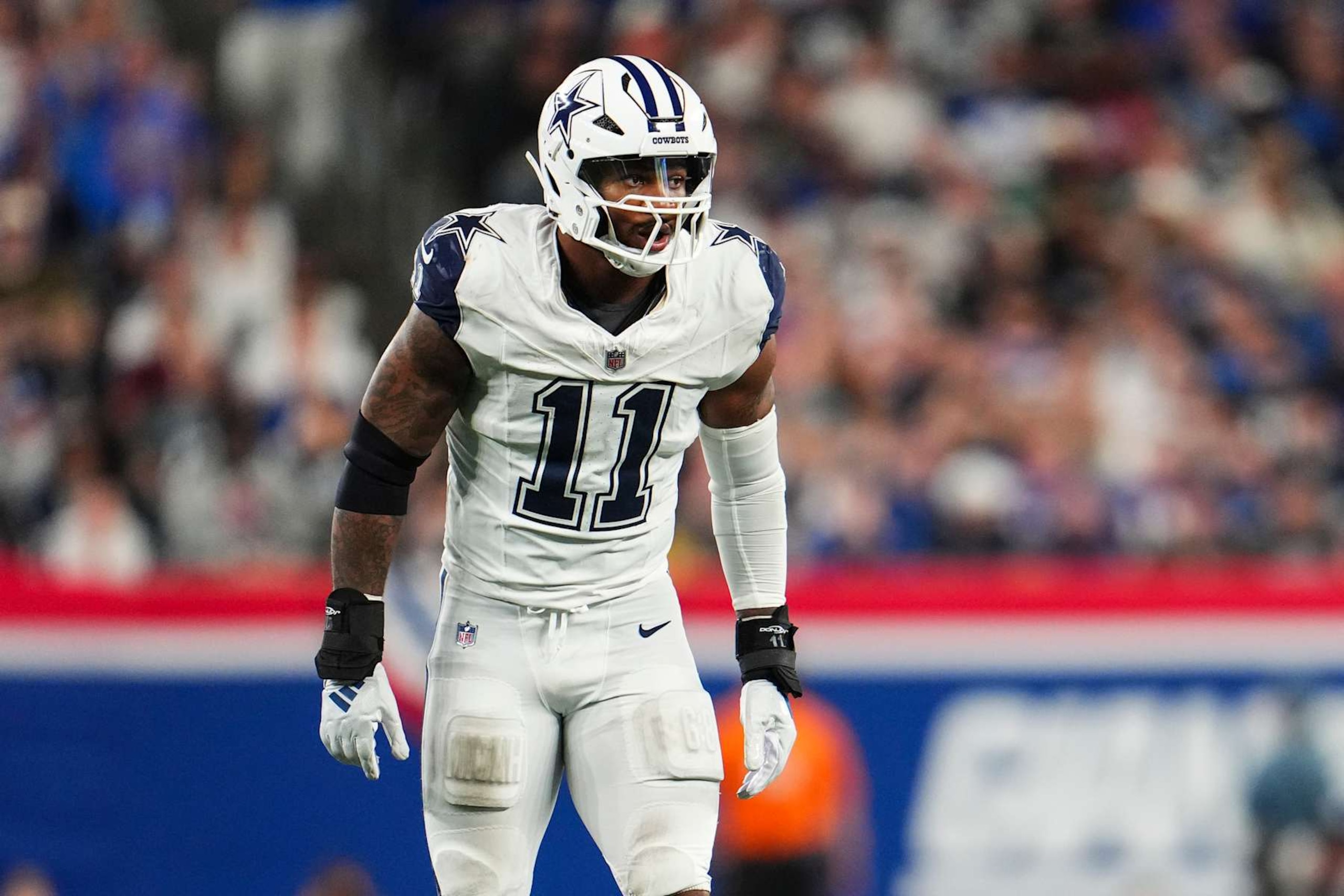 EAST RUTHERFORD, NJ - SEPTEMBER 26: Micah Parsons #11 of the Dallas Cowboys lines up before the snap during an NFL football game against the New York Giants at MetLife Stadium on September 26, 2024 in East Rutherford, New Jersey. (Photo by Cooper Neill/Getty Images)