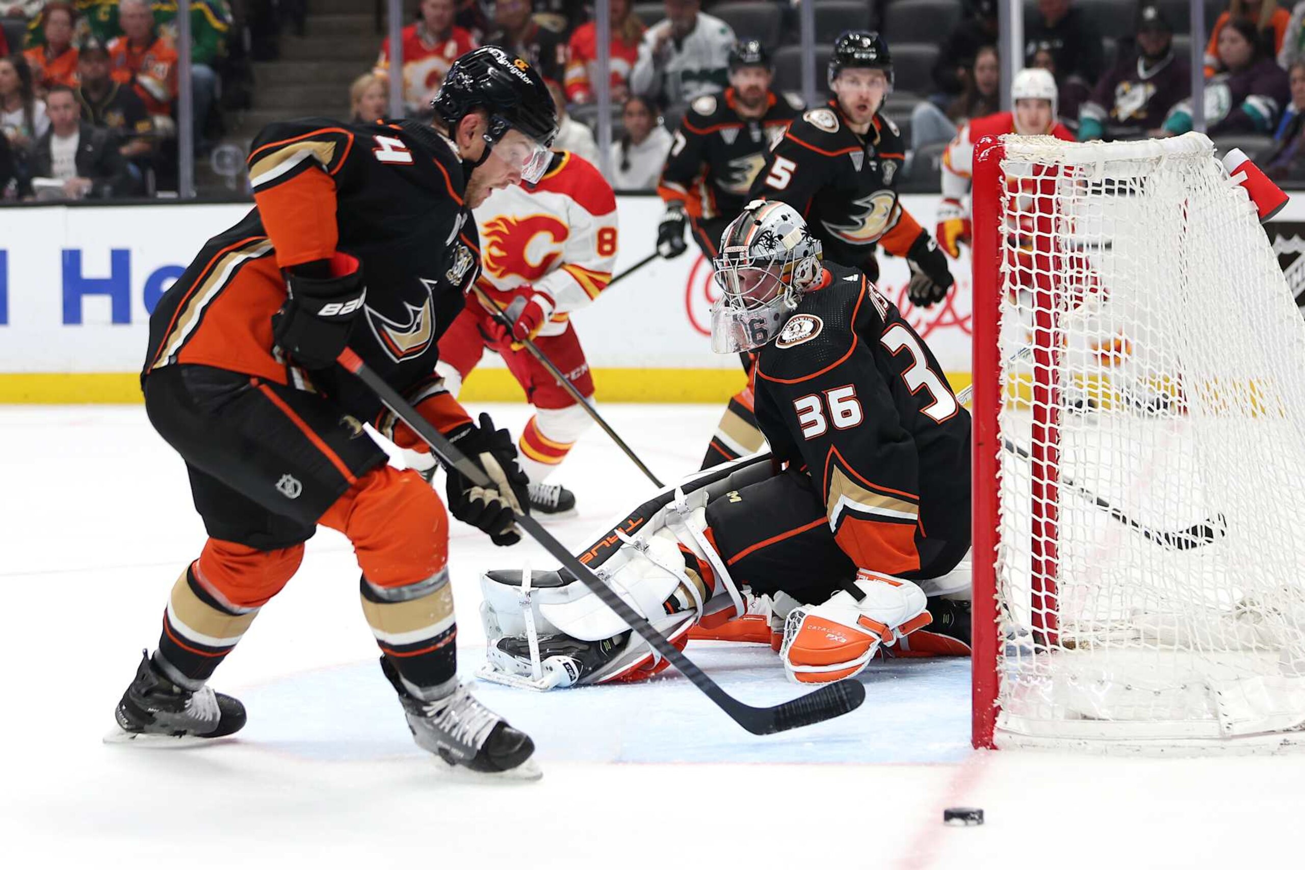 Anaheim Ducks defenseman Cam Fowler (left) and goaltender John Gibson
