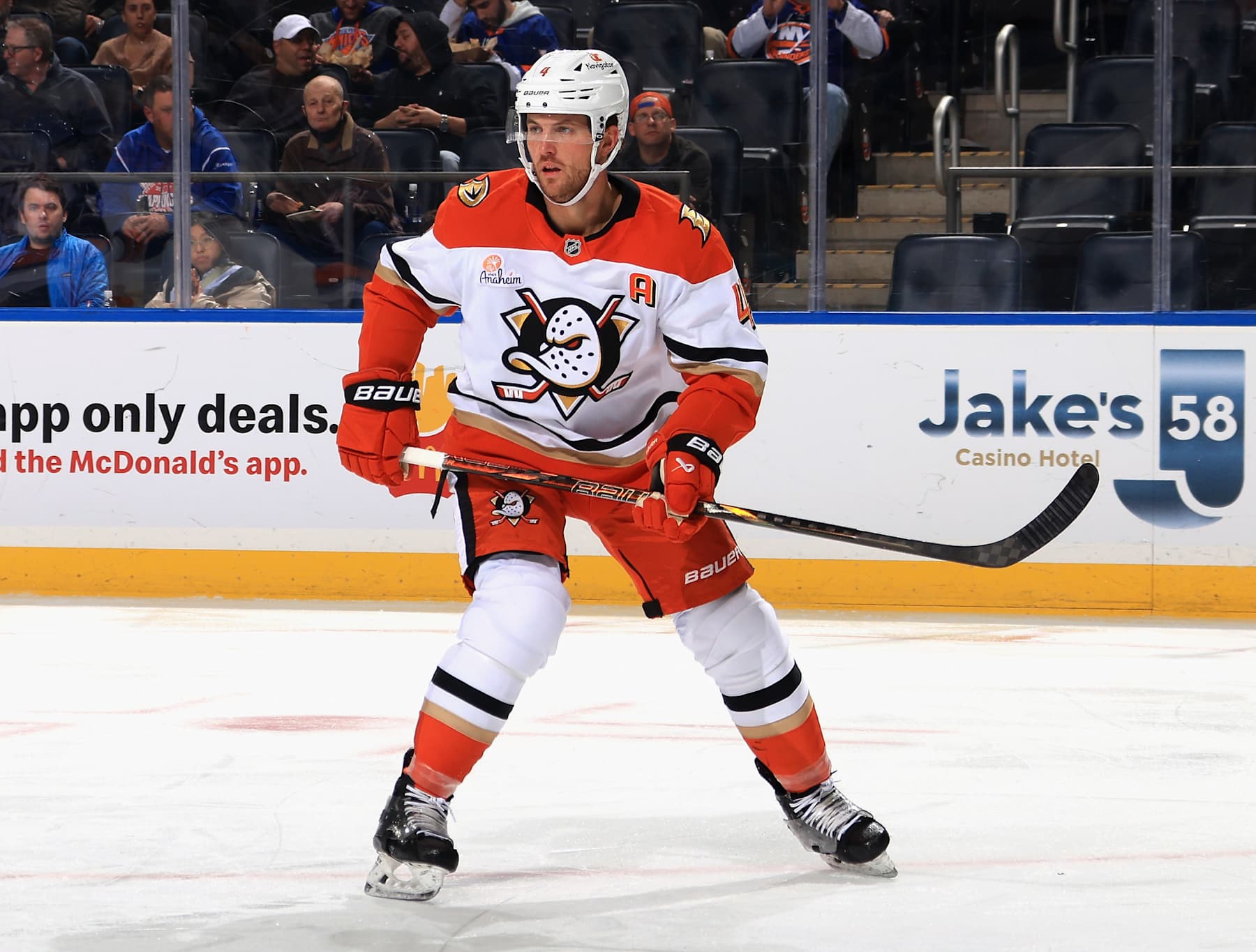 ELMONT, NEW YORK - OCTOBER 29: Cam Fowler #4 of the Anaheim Ducks skates against the New York Islanders at UBS Arena on October 29, 2024 in Elmont, New York. (Photo by Bruce Bennett/Getty Images)
