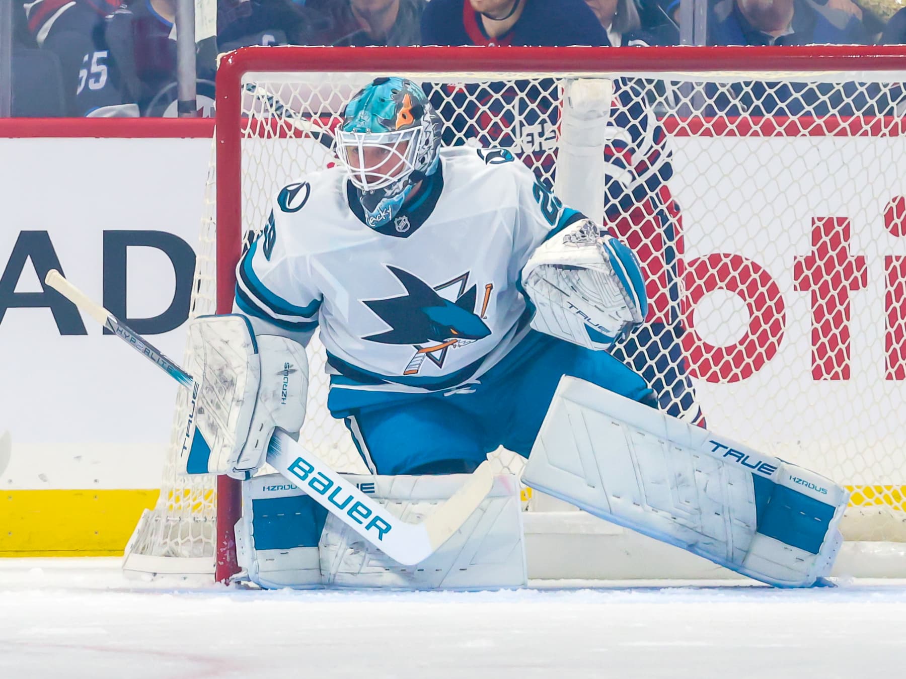 WINNIPEG, CANADA - OCTOBER 18: Goaltender Mackenzie Blackwood #29 of the San Jose Sharks guards the net during first period action against the Winnipeg Jets at Canada Life Centre on October 18, 2024 in Winnipeg, Manitoba, Canada. (Photo by Jonathan Kozub/NHLI via Getty Images)