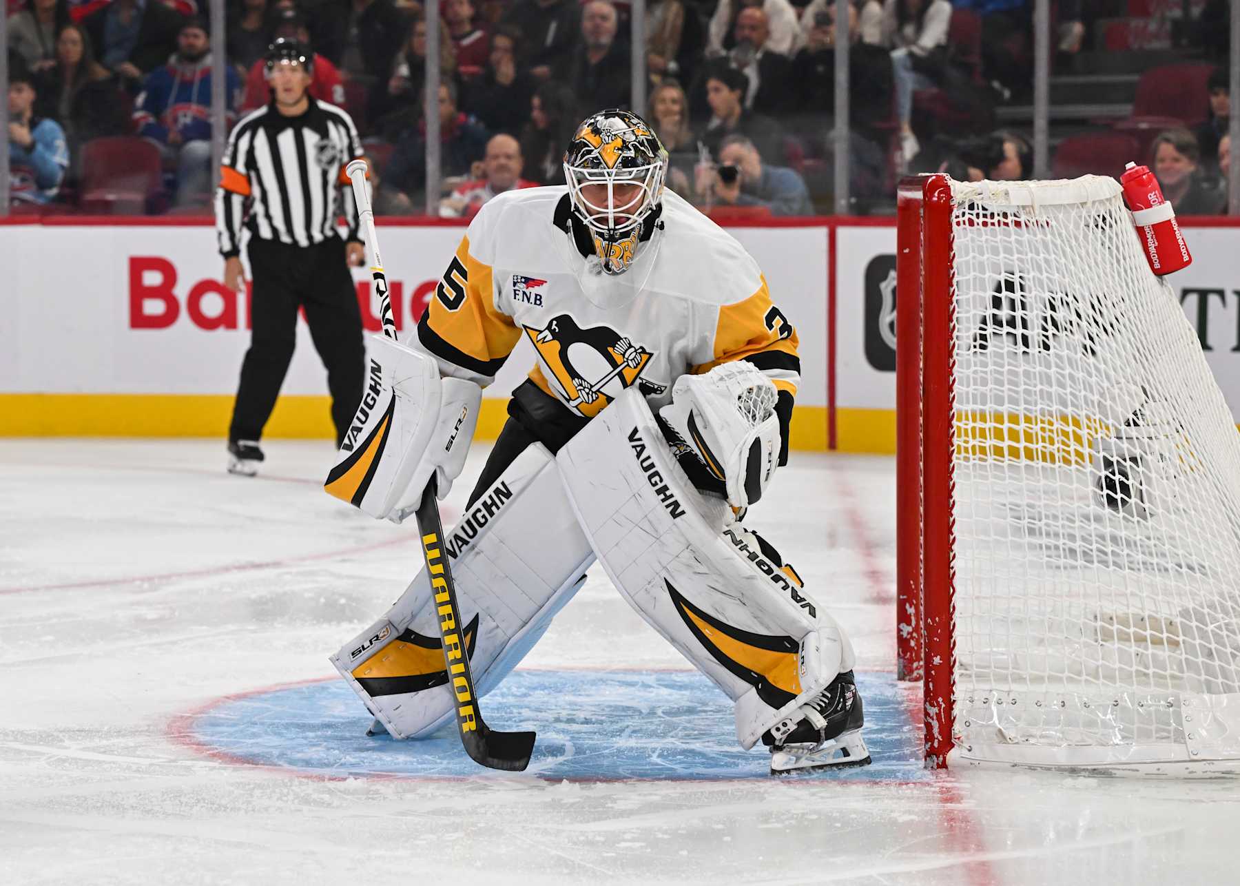 MONTREAL, CANADA - OCTOBER 14:  Tristan Jarry #35 of the Pittsburgh Penguins tends the net during the second period against the Montreal Canadiens at the Bell Centre on October 14, 2024 in Montreal, Quebec, Canada.  The Pittsburgh Penguins defeated the Montreal Canadiens 6-3.  (Photo by Minas Panagiotakis/Getty Images)
