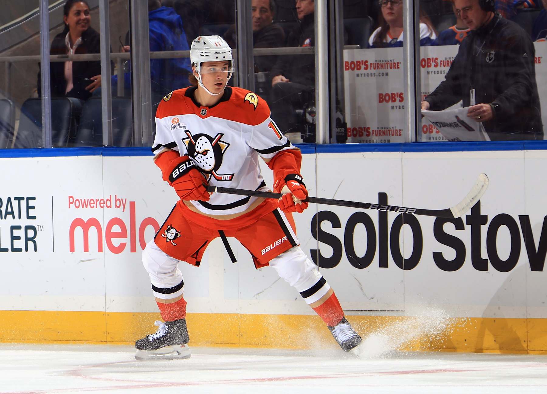 ELMONT, NEW YORK - OCTOBER 29: Trevor Zegras #11 of the Anaheim Ducks skates against the New York Islanders at UBS Arena on October 29, 2024 in Elmont, New York. (Photo by Bruce Bennett/Getty Images)