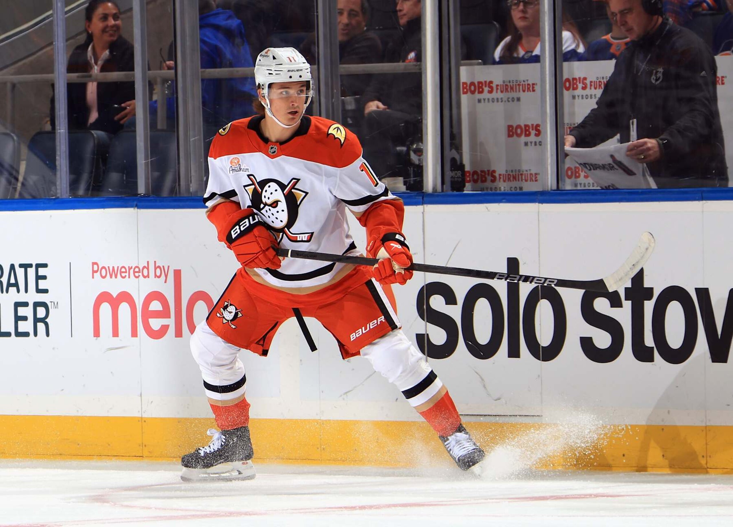ELMONT, NEW YORK - OCTOBER 29: Trevor Zegras #11 of the Anaheim Ducks skates against the New York Islanders at UBS Arena on October 29, 2024 in Elmont, New York. (Photo by Bruce Bennett/Getty Images)