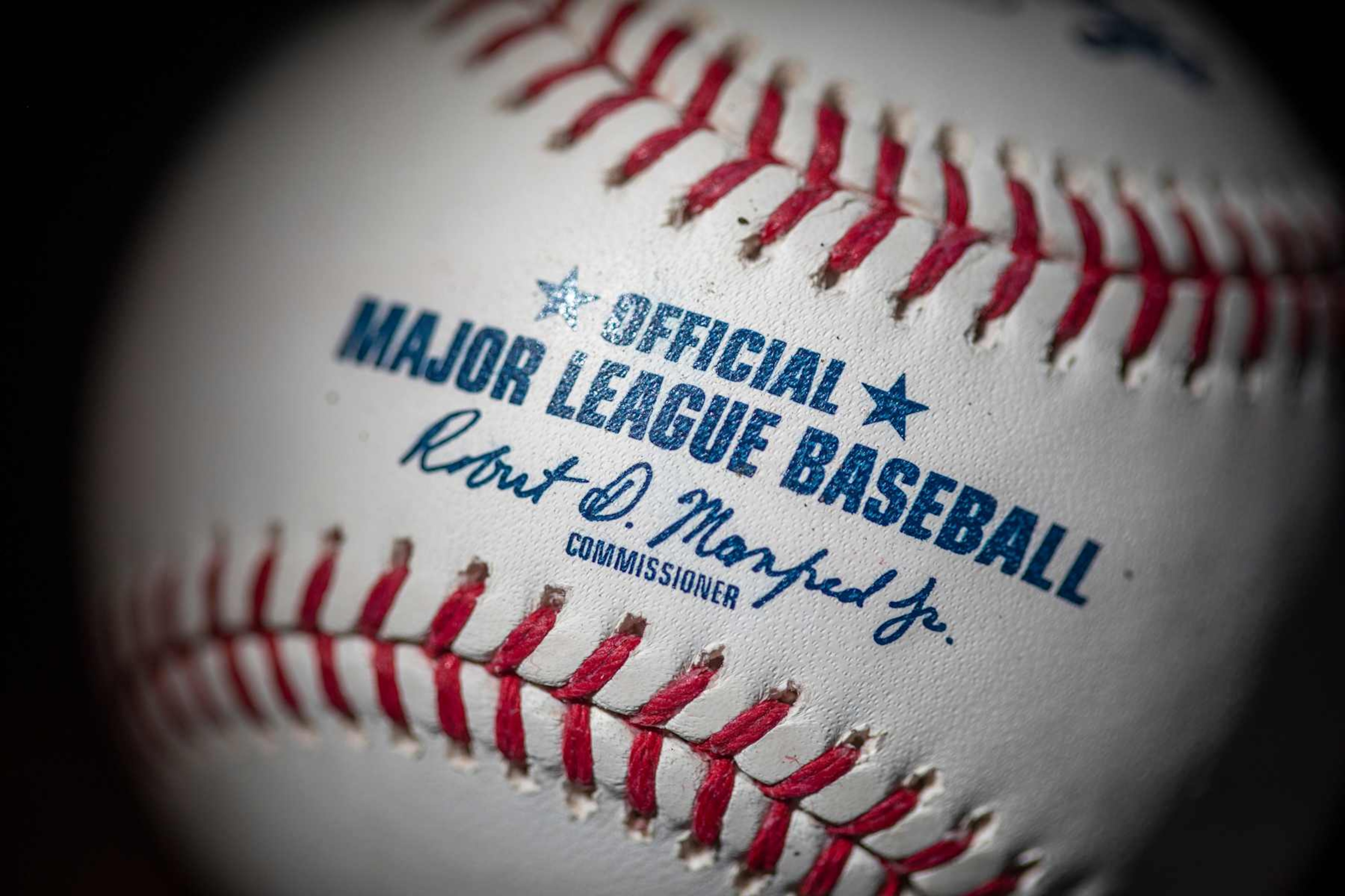 MAY 19: An official Rawlings Major League Baseball for the 2020 Major League Baseball season showing the red stitching and markings and the signature of MLB commissioner Rob Manfred on the19th May 2020 (Photo by Tim Clayton/Corbis via Getty Images) MAY 19: An official Rawlings Major League Baseball for the 2020 Major League Baseball season showing the red stitching and markings and the signature of MLB commissioner Rob Manfred on the19th May 2020 (Photo by Tim Clayton/Corbis via Getty Images)