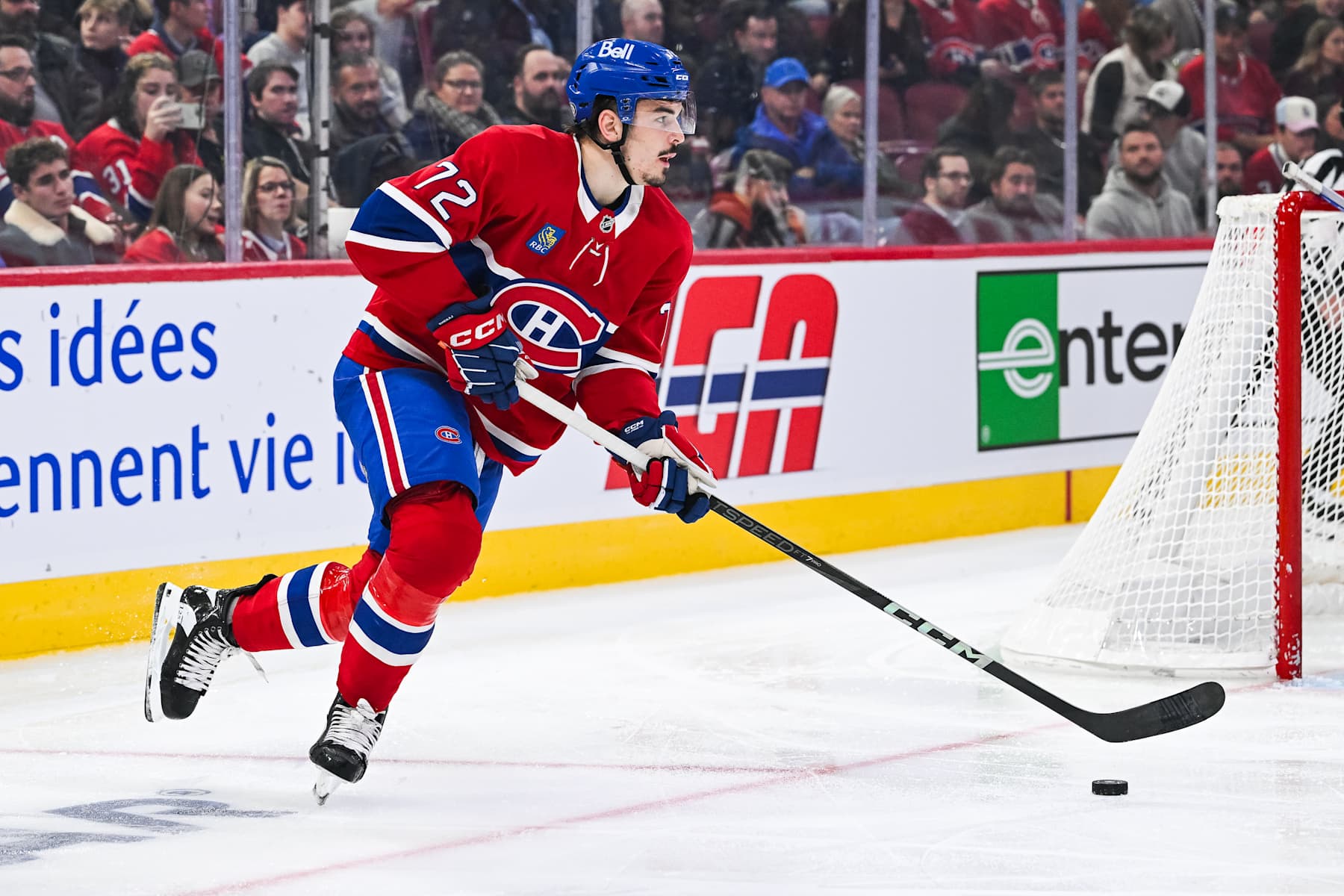 MONTREAL, QC - OCTOBER 29: Montreal Canadiens defenseman Arber Xhekaj (72) plays the puck during the Seattle Kraken versus the Montreal Canadiens game on October 29, 2024, at Bell Centre in Montreal, QC (Photo by David Kirouac/Icon Sportswire via Getty Images)