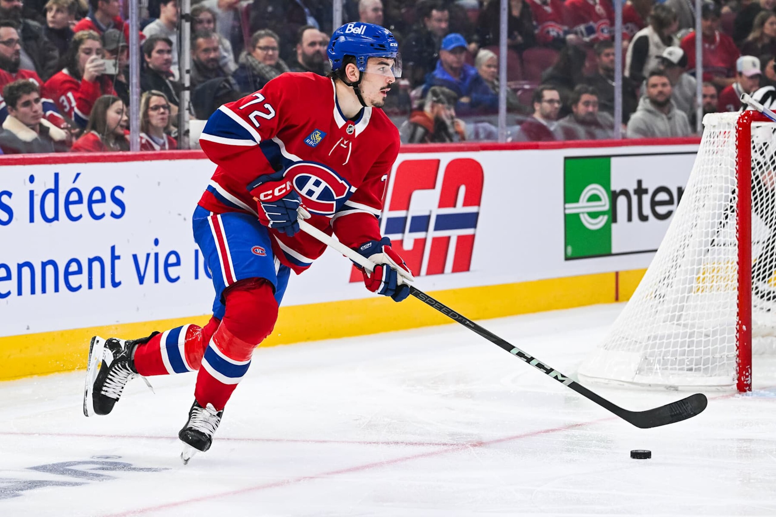 MONTREAL, QC - OCTOBER 29: Montreal Canadiens defenseman Arber Xhekaj (72) plays the puck during the Seattle Kraken versus the Montreal Canadiens game on October 29, 2024, at Bell Centre in Montreal, QC (Photo by David Kirouac/Icon Sportswire via Getty Images)