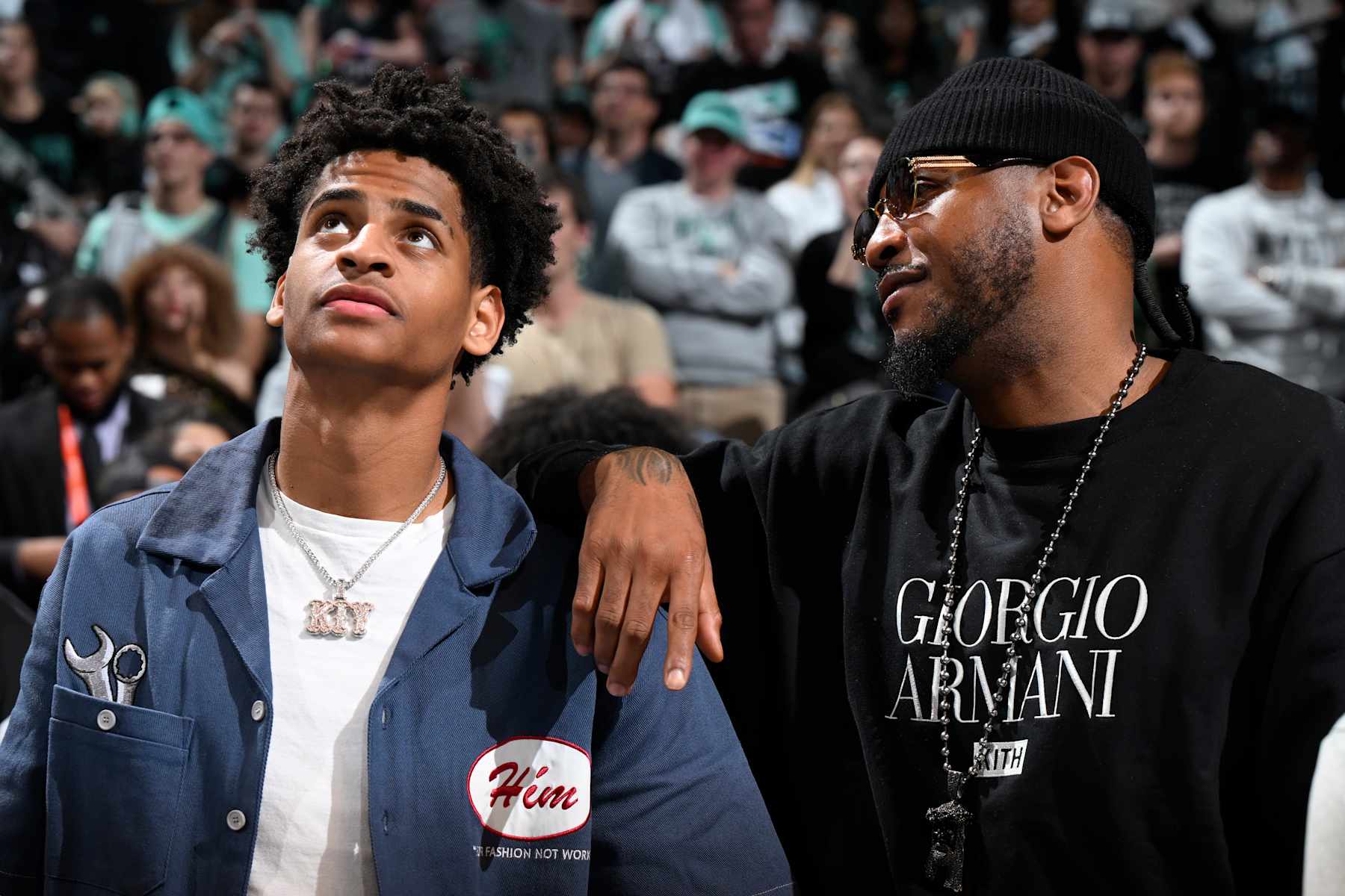 BROOKLYN, NY - OCTOBER 20: Kiyan Anthony and Carmelo Anthony smile during the game between the Minnesota Lynx and the New York Liberty during Game 5 of the WNBA Finals on October 20, 2024 in Brooklyn, New York. NOTE TO USER: User expressly acknowledges and agrees that, by downloading and or using this photograph, user is consenting to the terms and conditions of the Getty Images License Agreement. Mandatory Copyright Notice: Copyright 2024 NBAE (Photo by David Dow/NBAE via Getty Images) BROOKLYN, NY - OCTOBER 20: Kiyan Anthony and Carmelo Anthony smile during the game between the Minnesota Lynx and the New York Liberty during Game 5 of the WNBA Finals on October 20, 2024 in Brooklyn, New York. NOTE TO USER: User expressly acknowledges and agrees that, by downloading and or using this photograph, user is consenting to the terms and conditions of the Getty Images License Agreement. Mandatory Copyright Notice: Copyright 2024 NBAE (Photo by David Dow/NBAE via Getty Images)