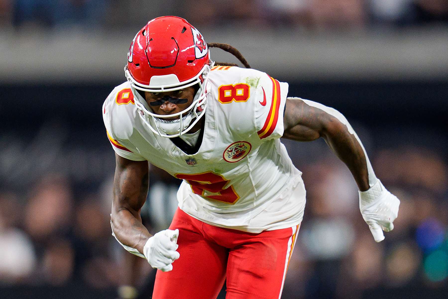 LAS VEGAS, NEVADA - OCTOBER 27: Wide receiver DeAndre Hopkins #8 of the Kansas City Chiefs runs downfield during the fourth quarter of an NFL football game against the Las Vegas Raiders, at Allegiant Stadium on October 27, 2024 in Las Vegas, Nevada. (Photo by Brooke Sutton/Getty Images)